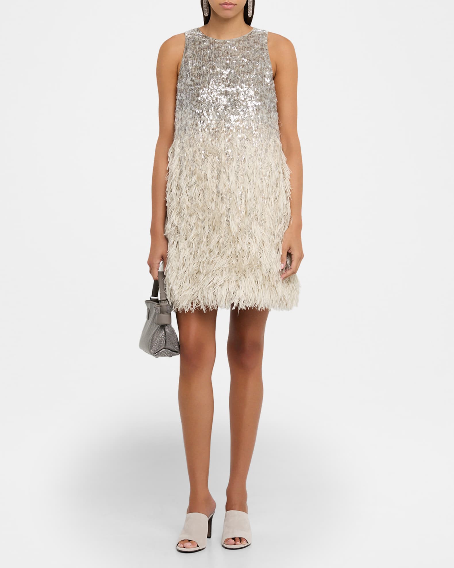 cream boucle feather mini dress Brunello Cucinelli Degrade Feather Sequined Fil Coupe Mini Dress