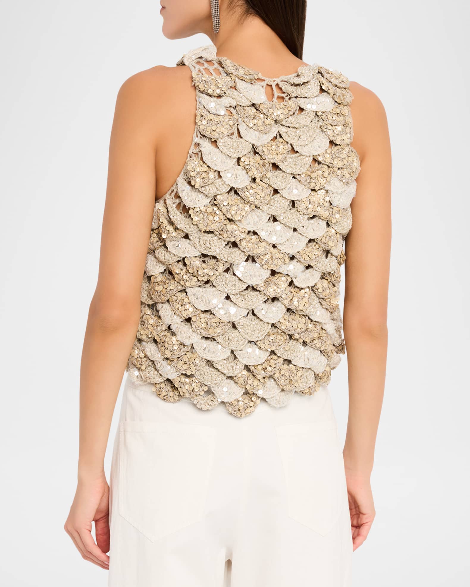 Brunello Cucinelli Paillette Scalloped Knit Tank Top | Neiman Marcus