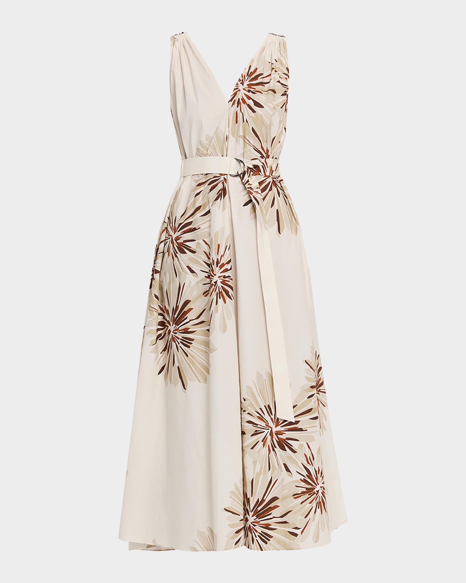 Brunello Cucinelli Abstract Dahlia Sleeveless Belted Midi Dress 