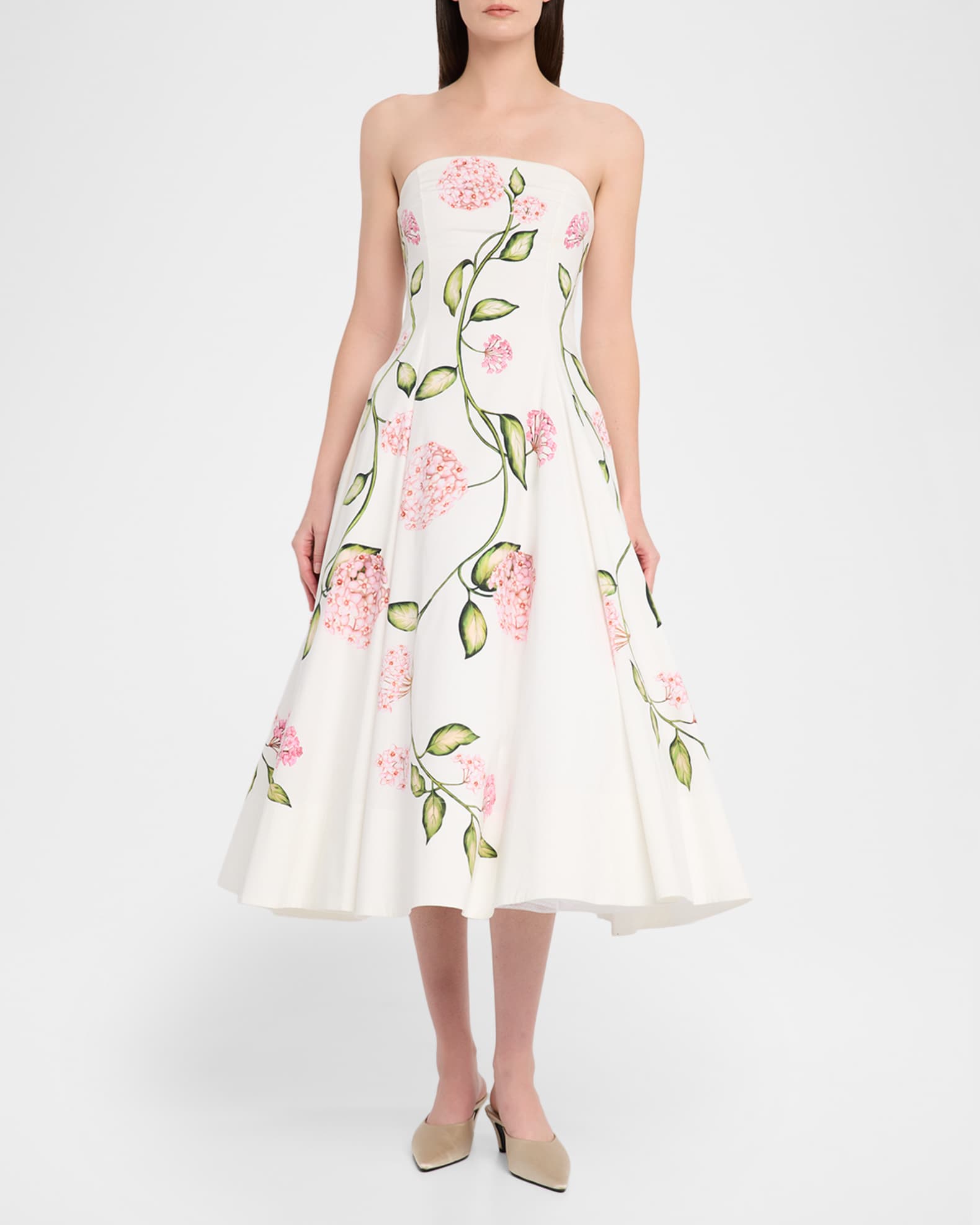 Oscar de La Renta | Porcelain Flower Cotton Poplin Strapless Dress