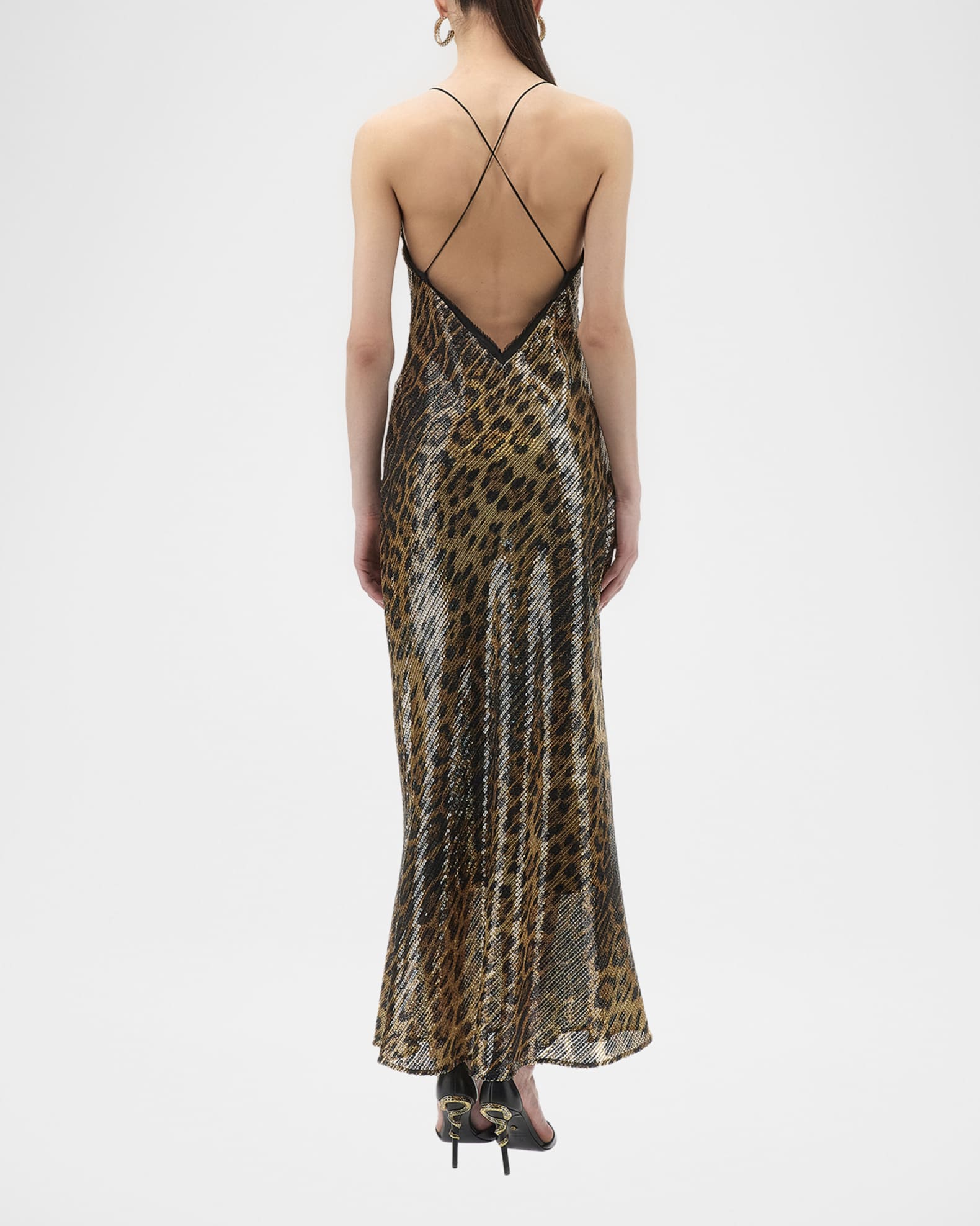 roberto cavalli backless dress Roberto Cavalli Jaguar-Print Sequined Backless Maxi Slip Dress