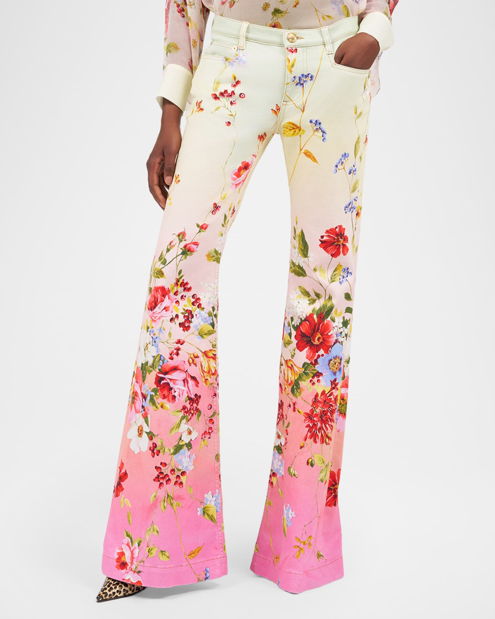 Roberto Cavalli Miami Flowers Print Flare Pants | Neiman Marcus