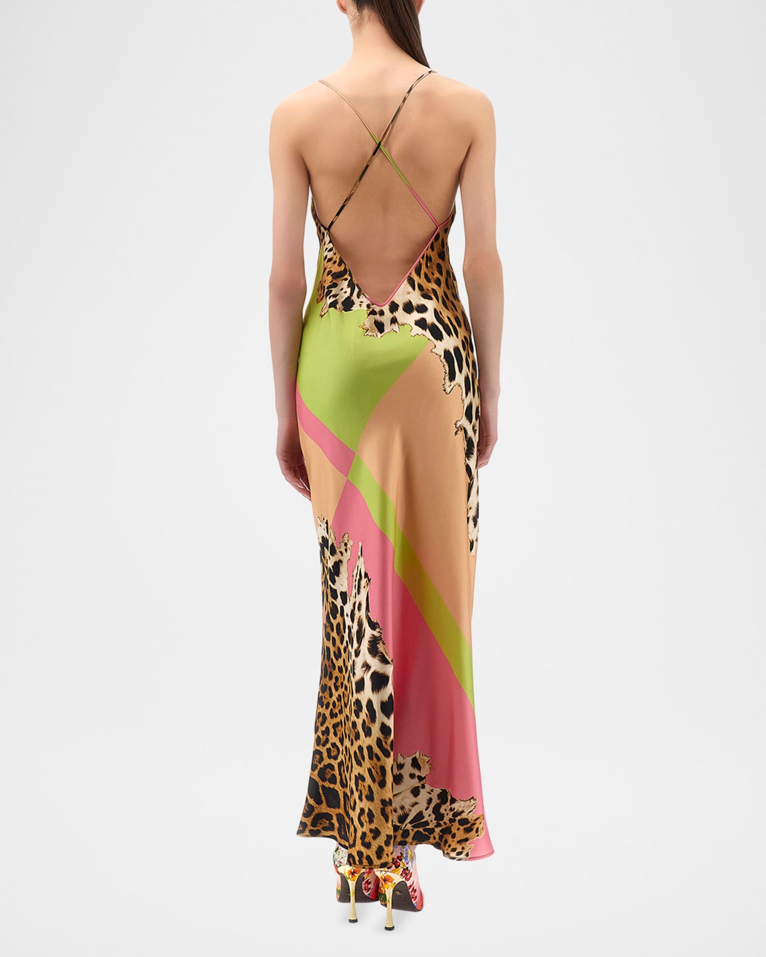 Roberto Cavalli Colorblock Jaguar-Print Silk Maxi Slip Dress