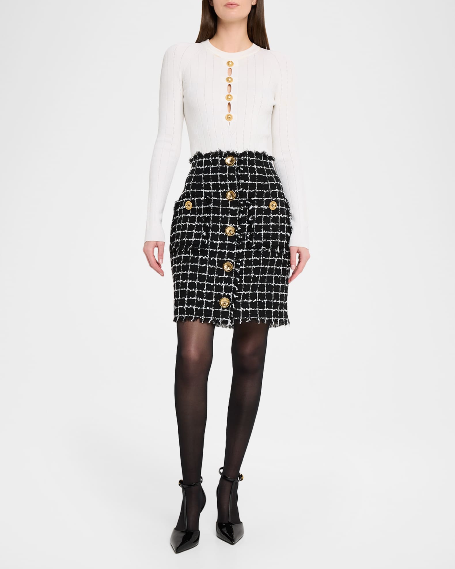 Balmain Buttoned Check Tweed Mini Skirt | Neiman Marcus