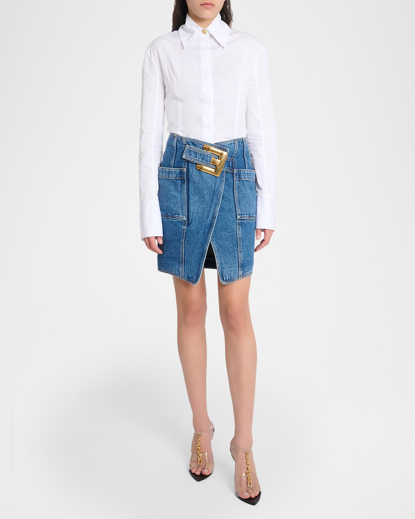 Balmain Belted Wrap Denim Mini Skirt | Neiman Marcus