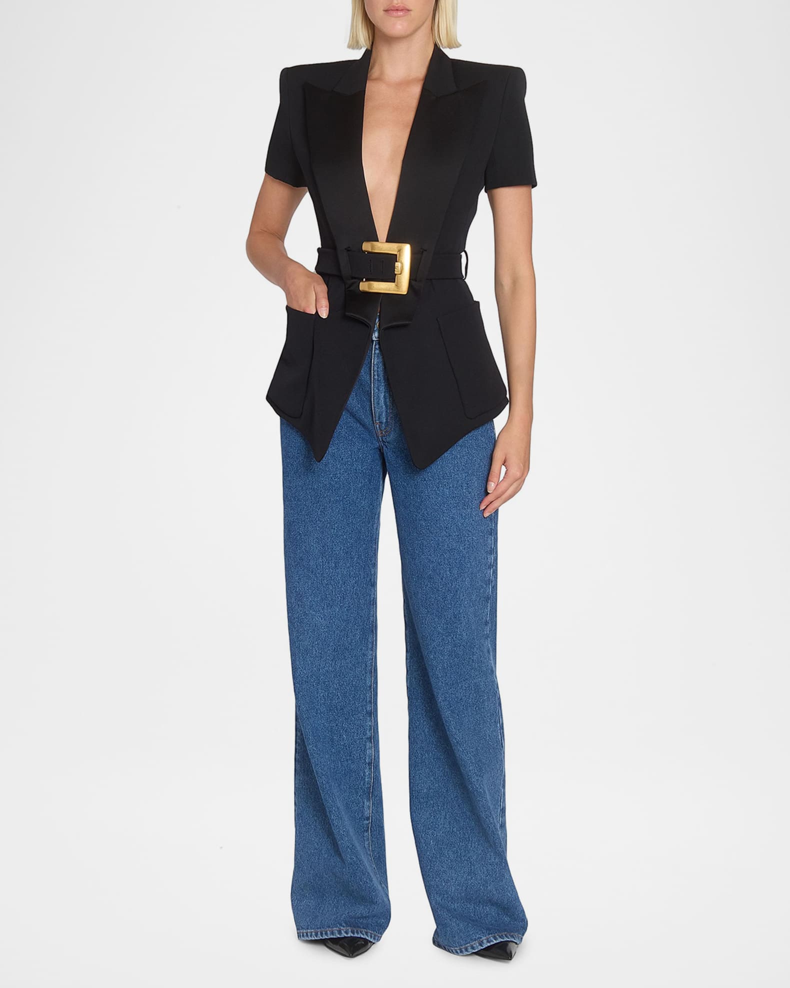 Balmain Tailored Short-Sleeve Belted Blazer Jacket | Neiman Marcus