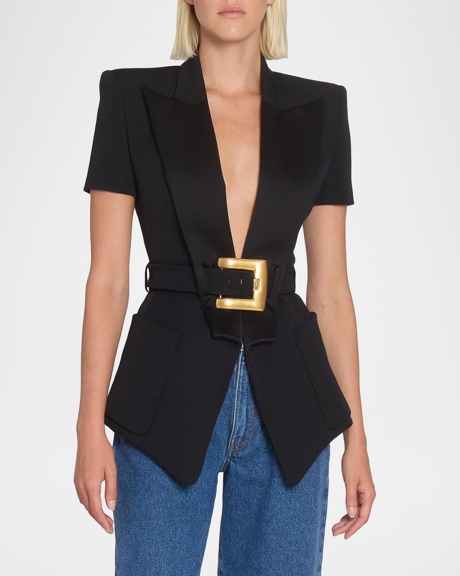 Balmain Tailored Short-Sleeve Belted Blazer Jacket | Neiman Marcus