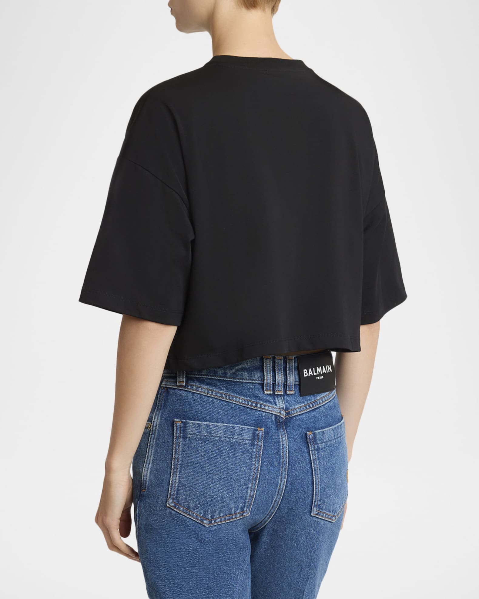 Balmain Logo Print Short-Sleeve Crop T-Shirt | Neiman Marcus