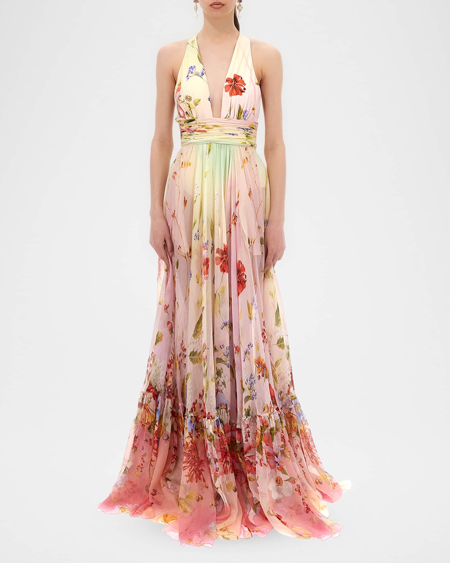 Roberto Cavalli Miami Flowers Print Plunging Silk Chiffon Gown