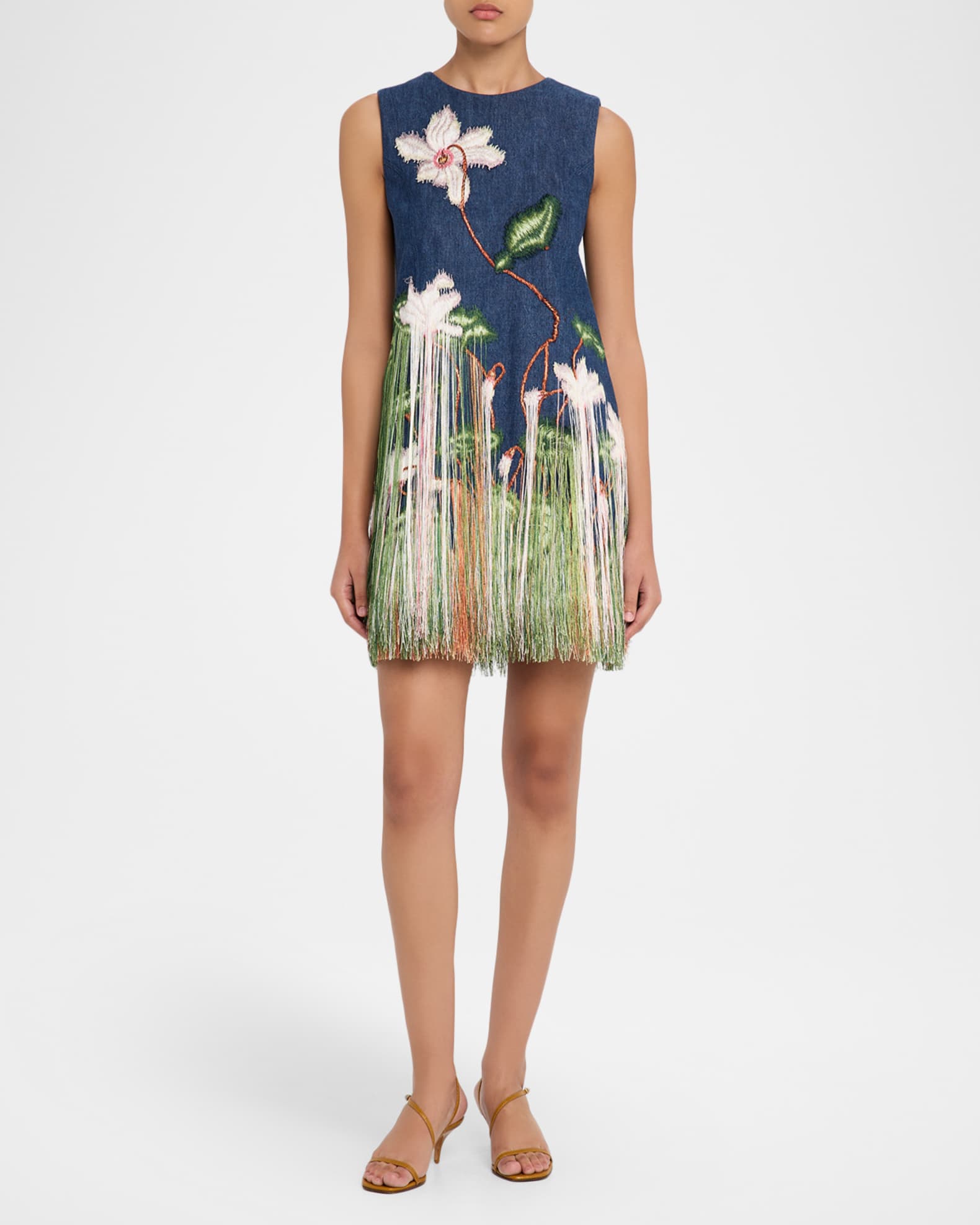 Sleeveless Cyclamen Fringe Denim Mini Dress | Neiman Marcus