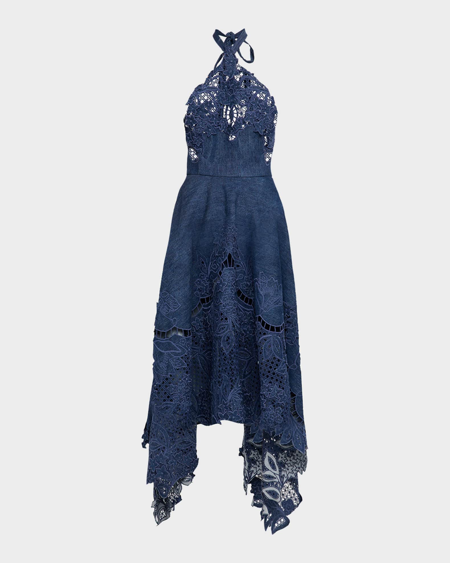 Guipure Denim Handkerchief Midi Halter Dress