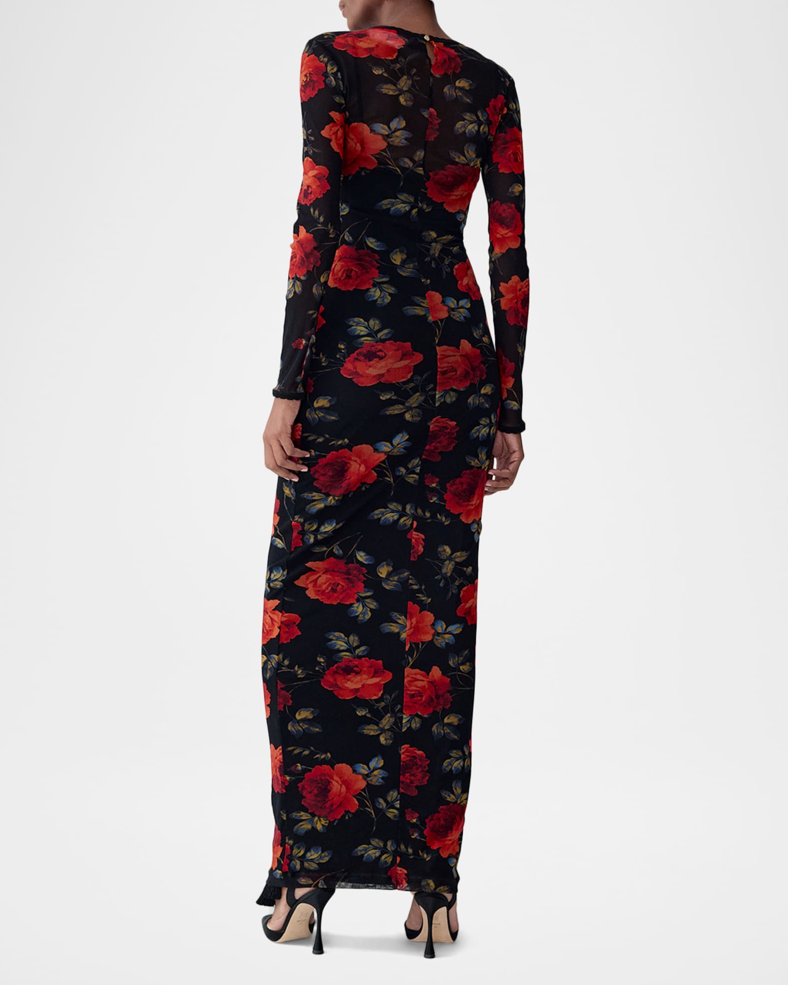 Carolina Herrera Rose-Print Mesh Long-Sleeve Maxi Dress | Neiman Marcus