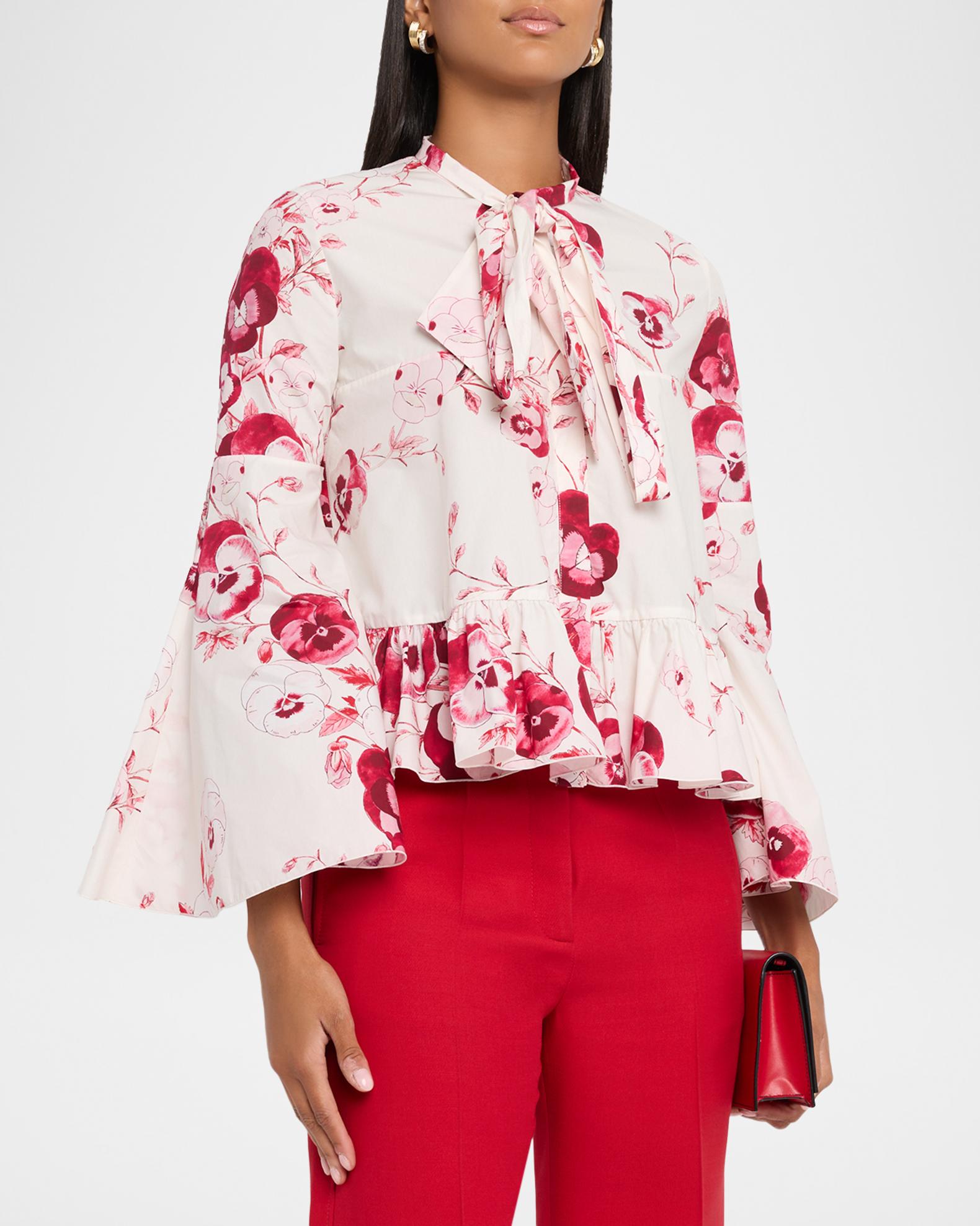 Giambattista Valli Floral Cotton Poplin Bell-Sleeve Neck-Tie Blouse ...
