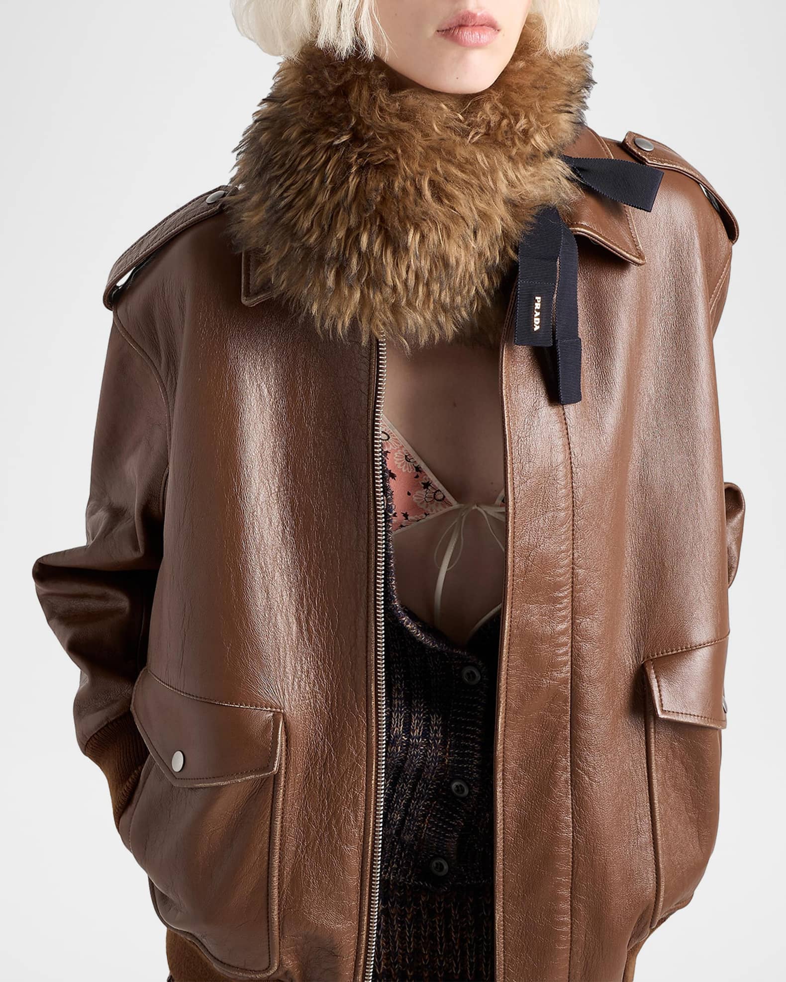 Prada Nappa Leather Oversized Bomber Jacket | Neiman Marcus