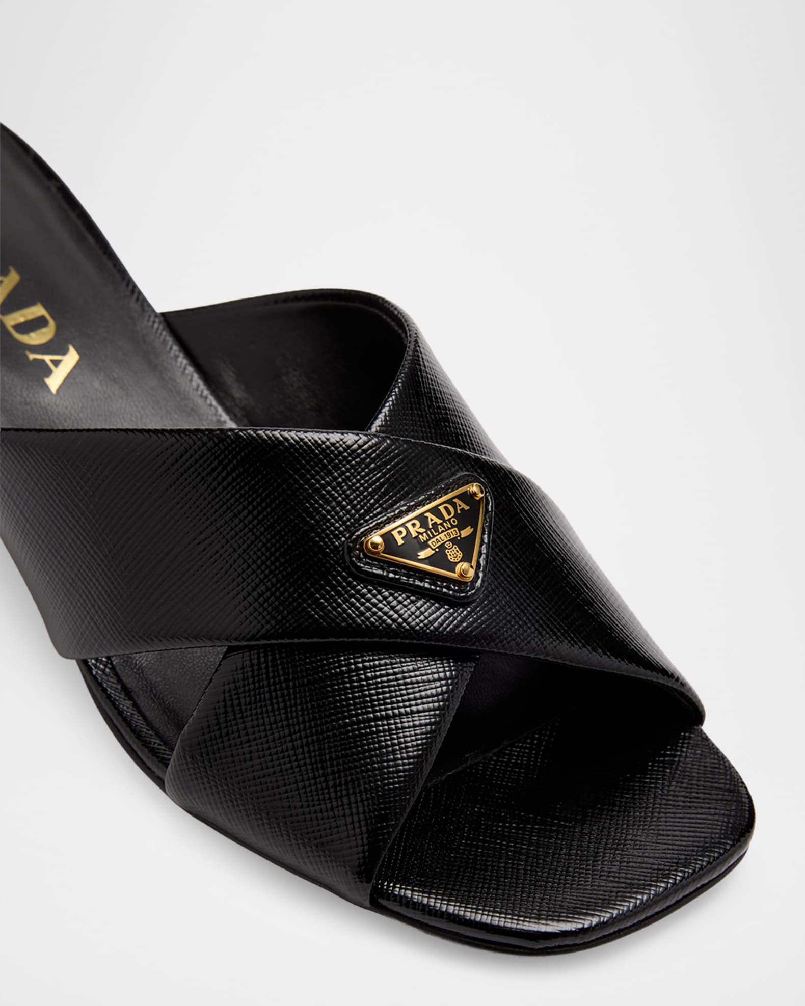 Prada 35mm Triangle Logo Metallic Leather Mule Sandals | Neiman Marcus