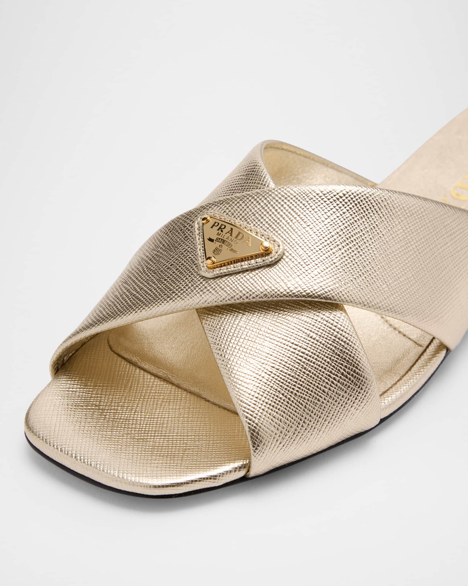 Prada 35mm Triangle Logo Metallic Leather Mule Sandals | Neiman Marcus