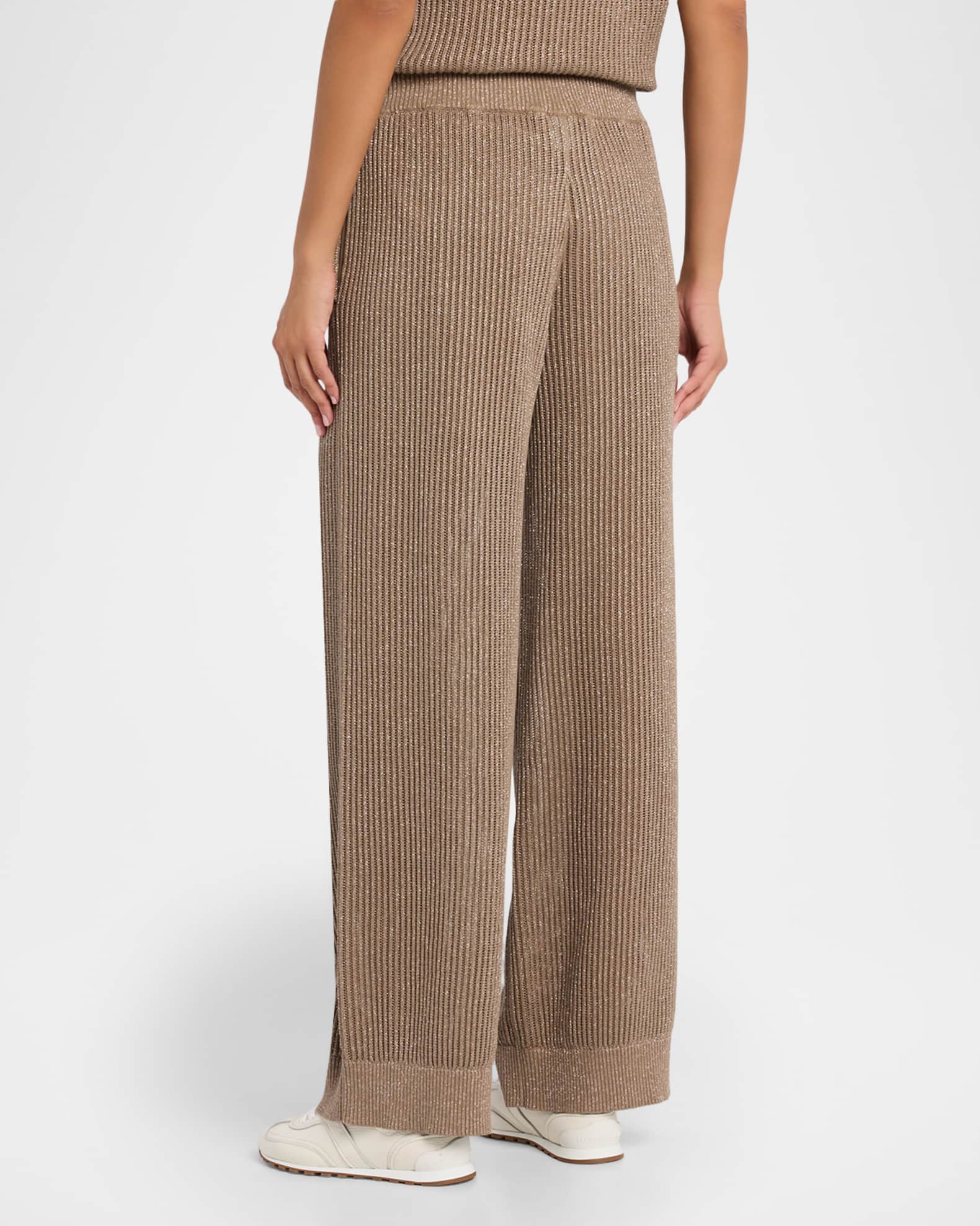 Brunello Cucinelli Metallic Cotton Rib Wide-Leg Pull-On Trousers