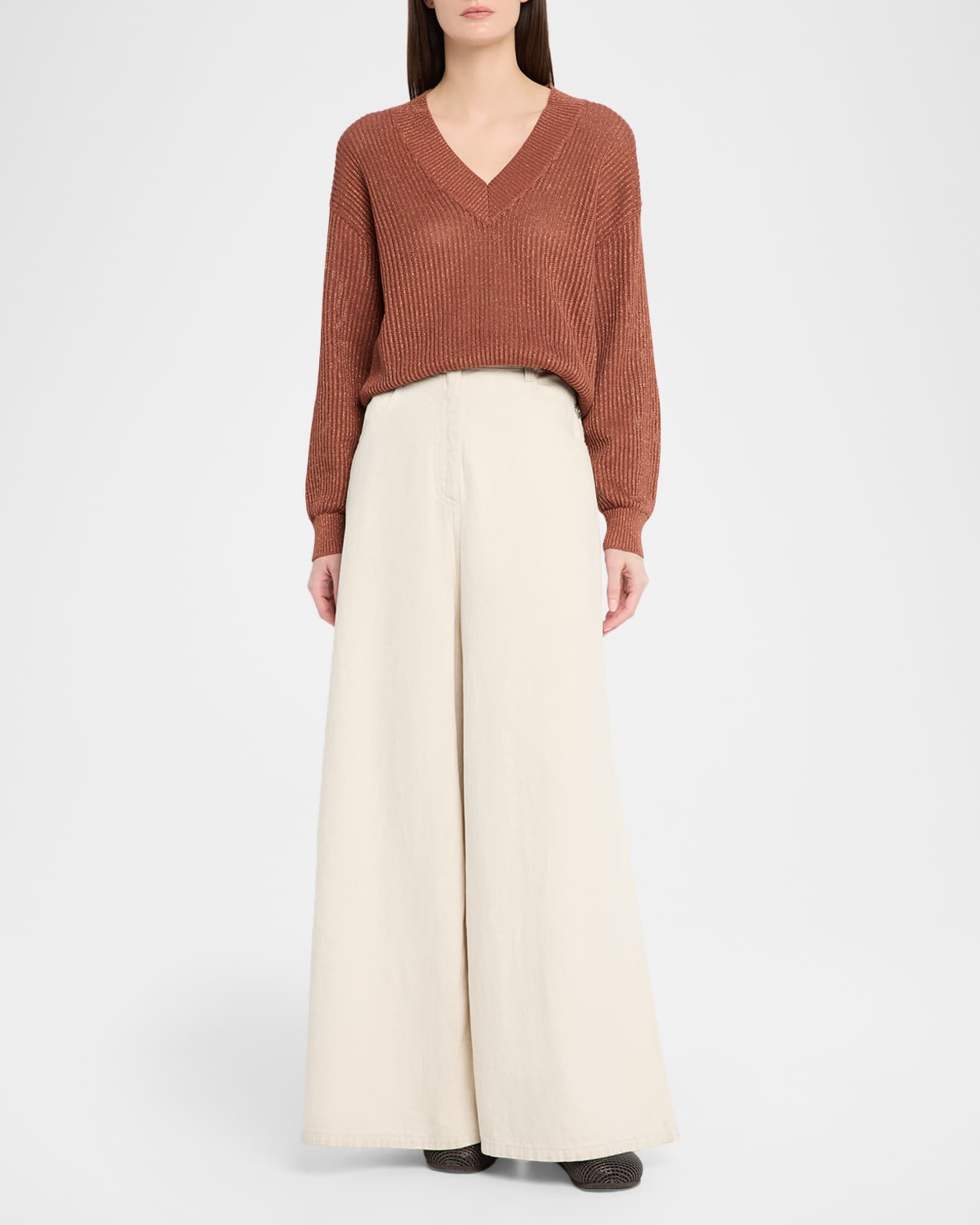 Brunello Cucinelli Metallic Open Rib V-Neck Sweater | Neiman Marcus