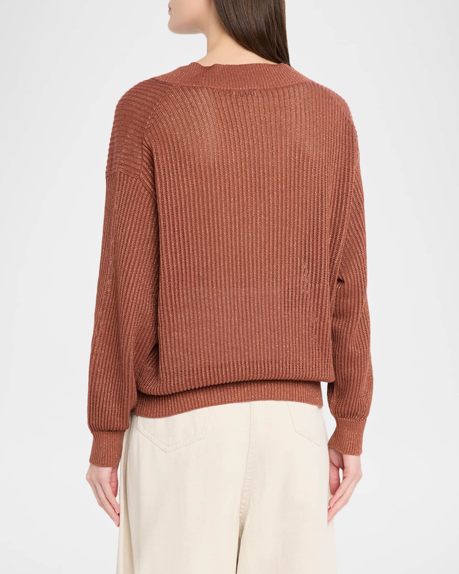 Brunello Cucinelli Metallic Open Rib V-Neck Sweater | Neiman Marcus