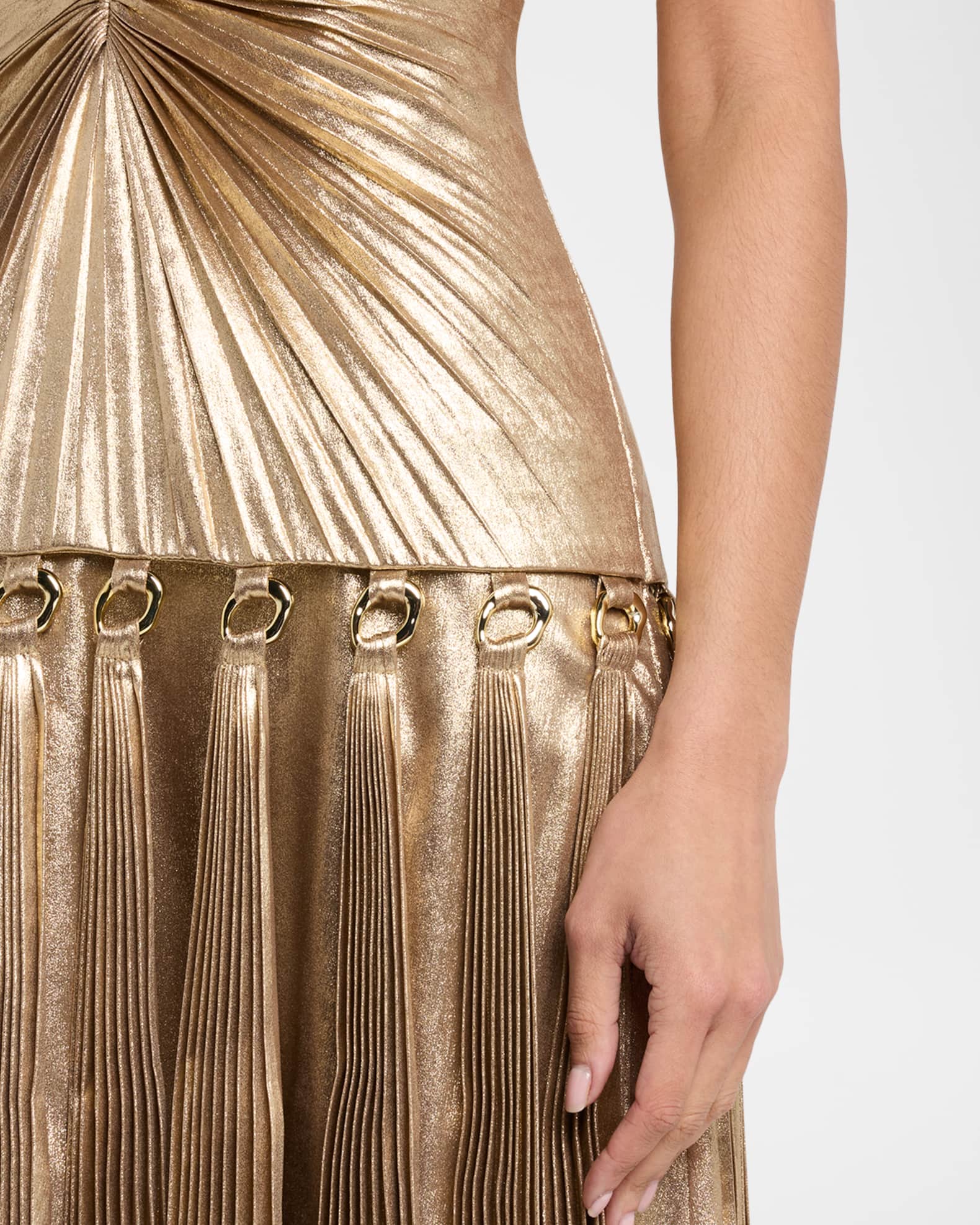 kate hudson golden globe dress David's Bridal Gold Metallic Taupe Lace and Mesh Long Strapless Dress –  Sonderleigh main image 1