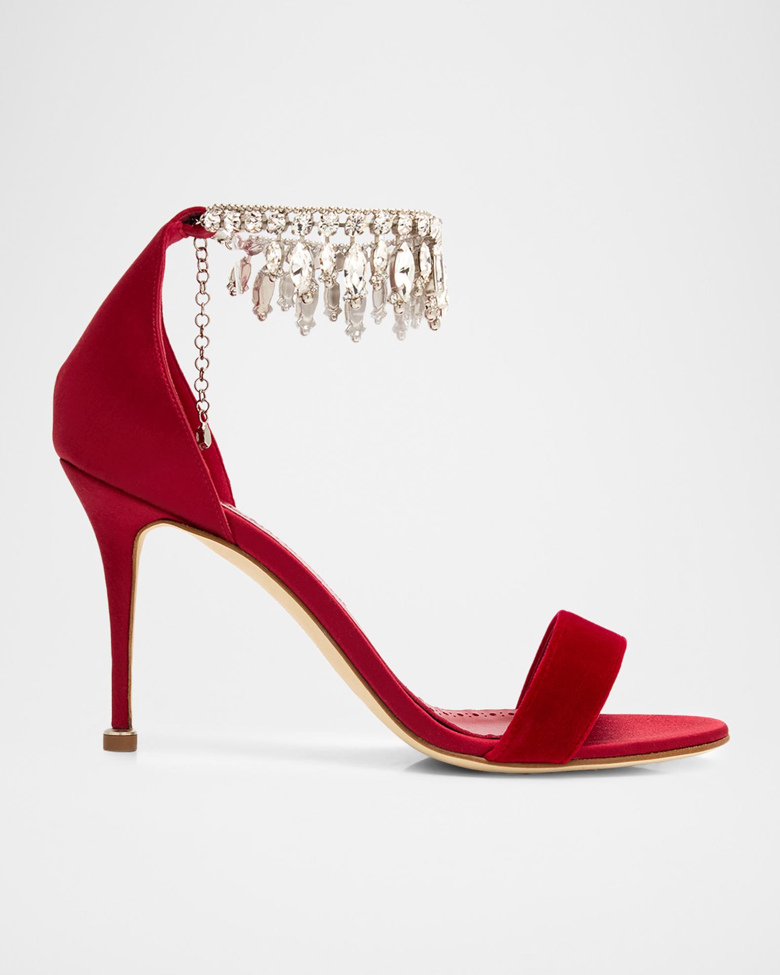 Manolo Blahnik 90mm Tulisan Embellished Velvet Sandals | Neiman Marcus