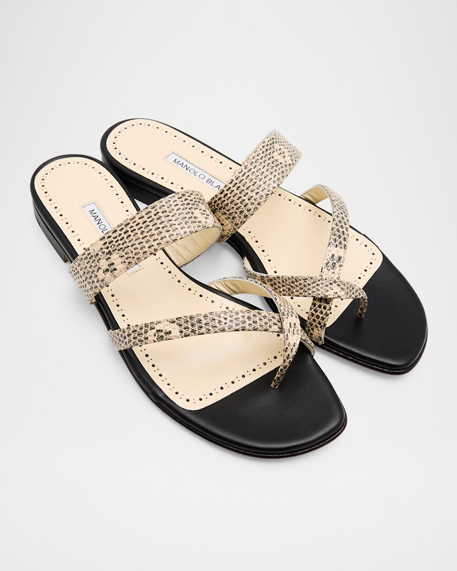Manolo Blahnik Susaperf Snake-Embossed Leather Flat Sandals