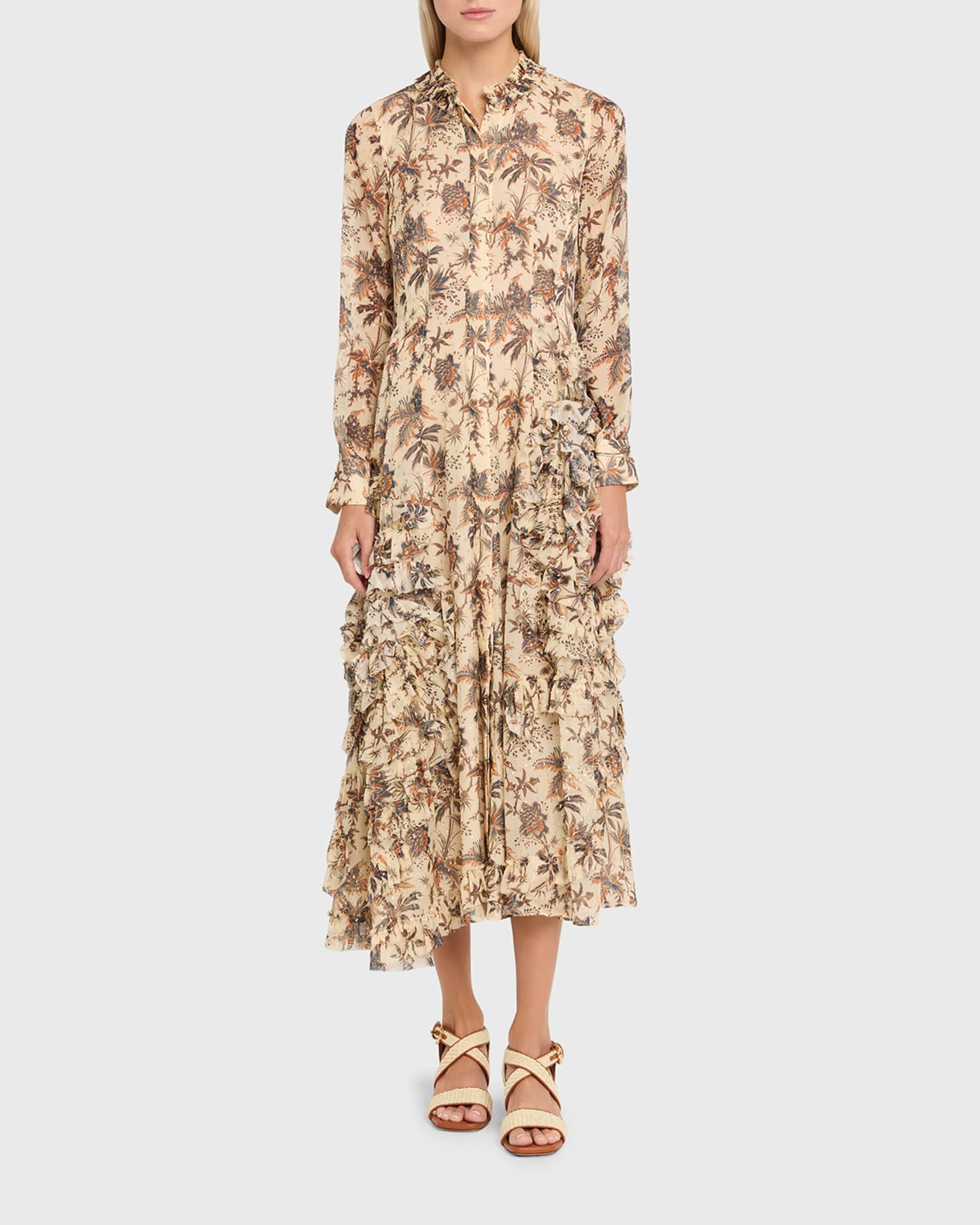 Ulla Johnson Rhea Botanical Metallic Chiffon Shirtdress with Ruffle Skirt |  Neiman Marcus