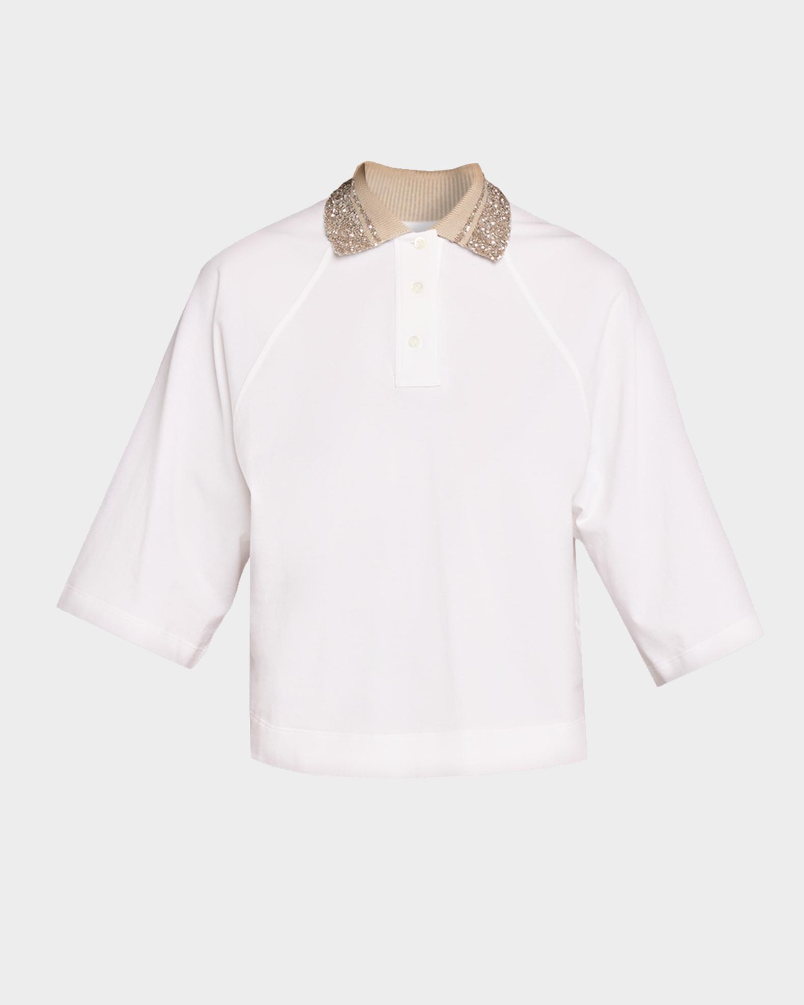 Brunello Cucinelli Paillette Collar 3/4-Sleeve Polo T-Shirt 