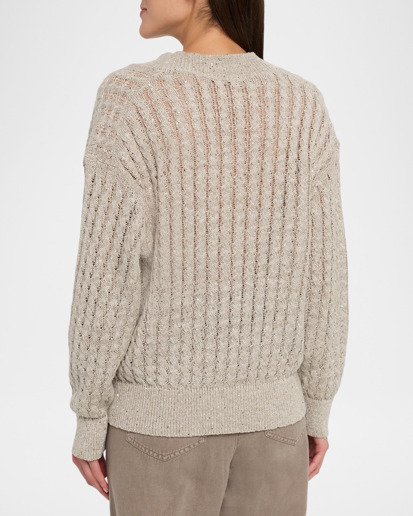 Brunello Cucinelli Paillette Linen Cable Knit V-Neck Sweater