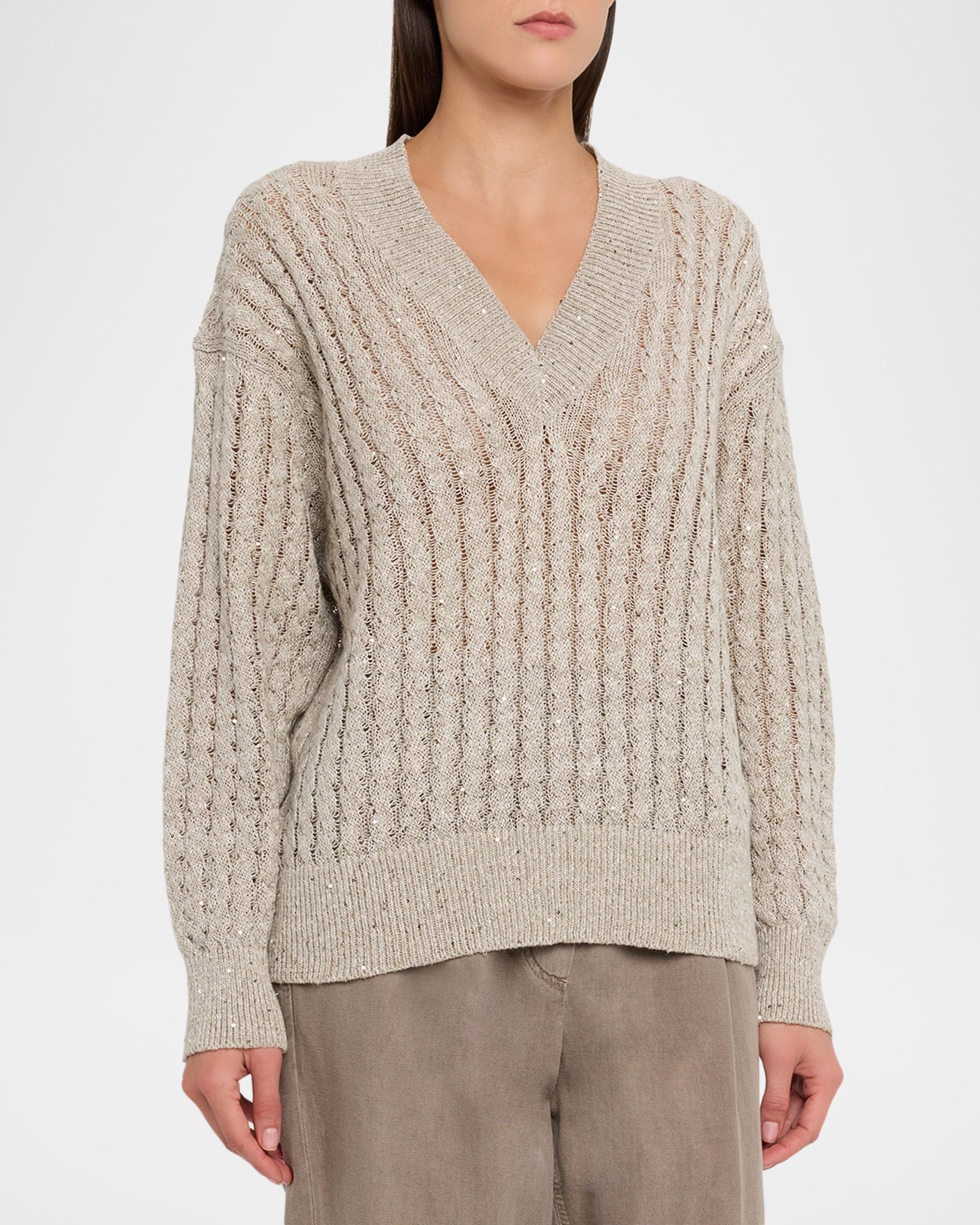 Brunello Cucinelli Vネック スパンコール ニット Brunello Cucinelli Paillette Linen Cable Knit V-Neck Sweater