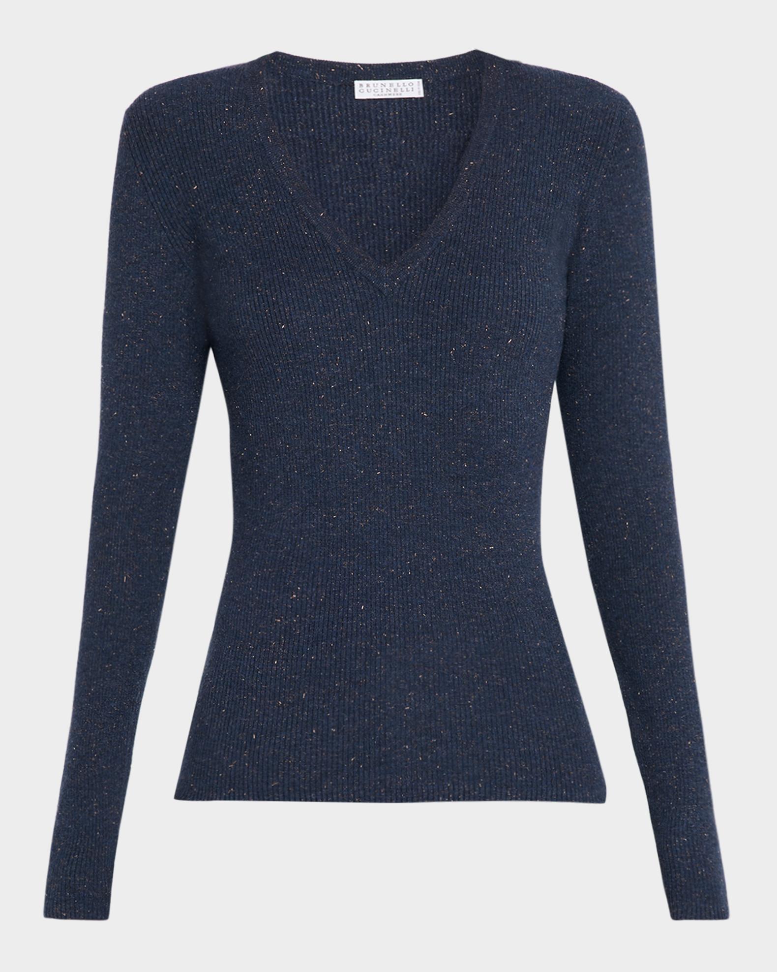Brunello Cucinelli Metallic Cashmere Stretch Rib V-Neck Sweater