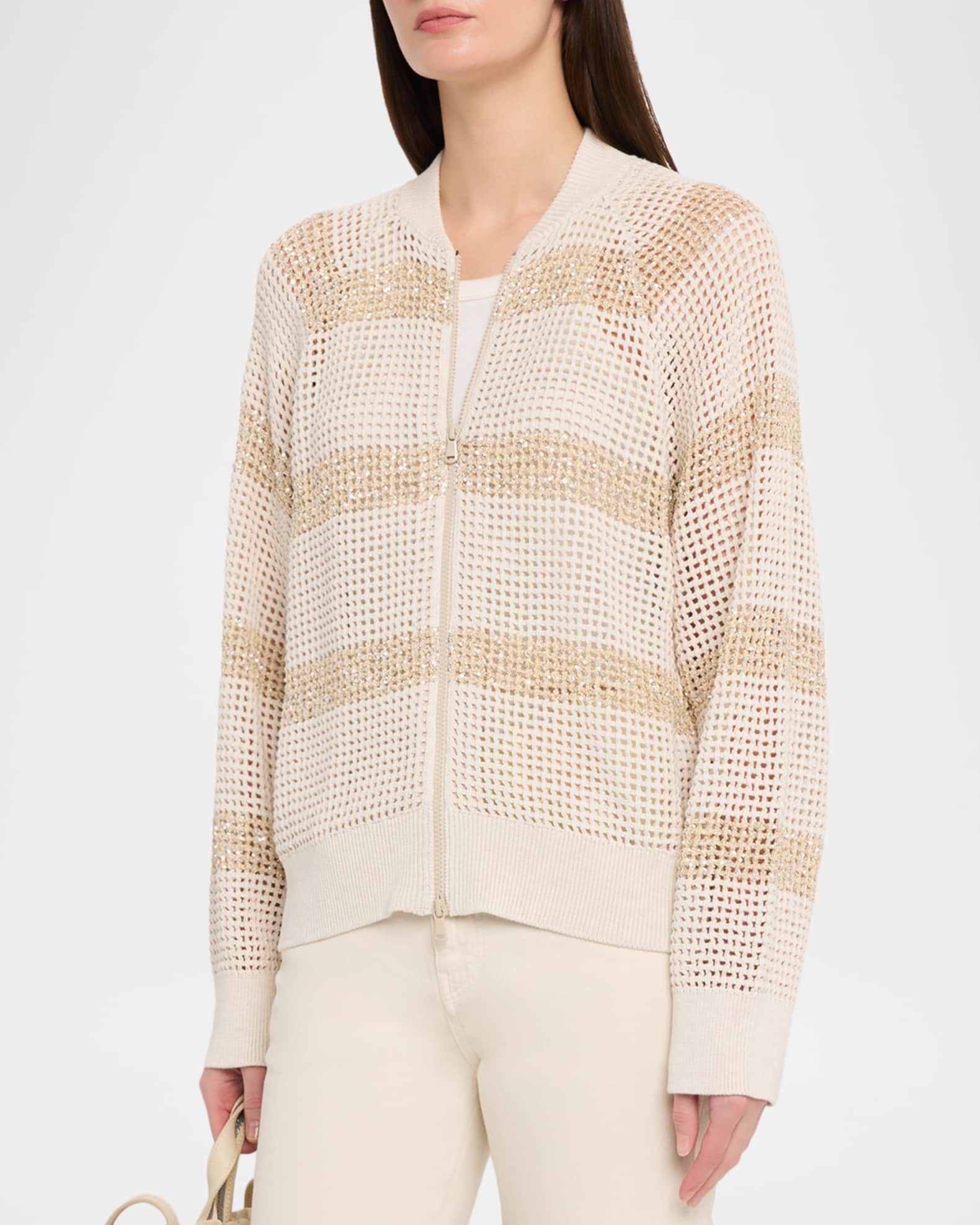 Brunello Cucinelli Dazzling Striped Cotton Net Bomber Cardigan