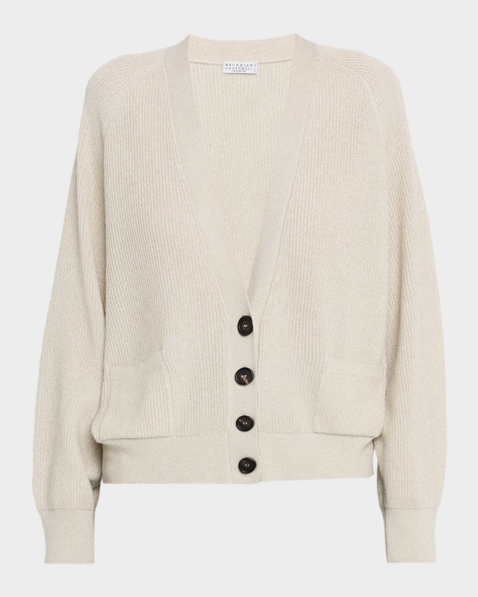 Brunello Cucinelli Sparkling Wool Rib V-Neck Cardigan | Neiman Marcus