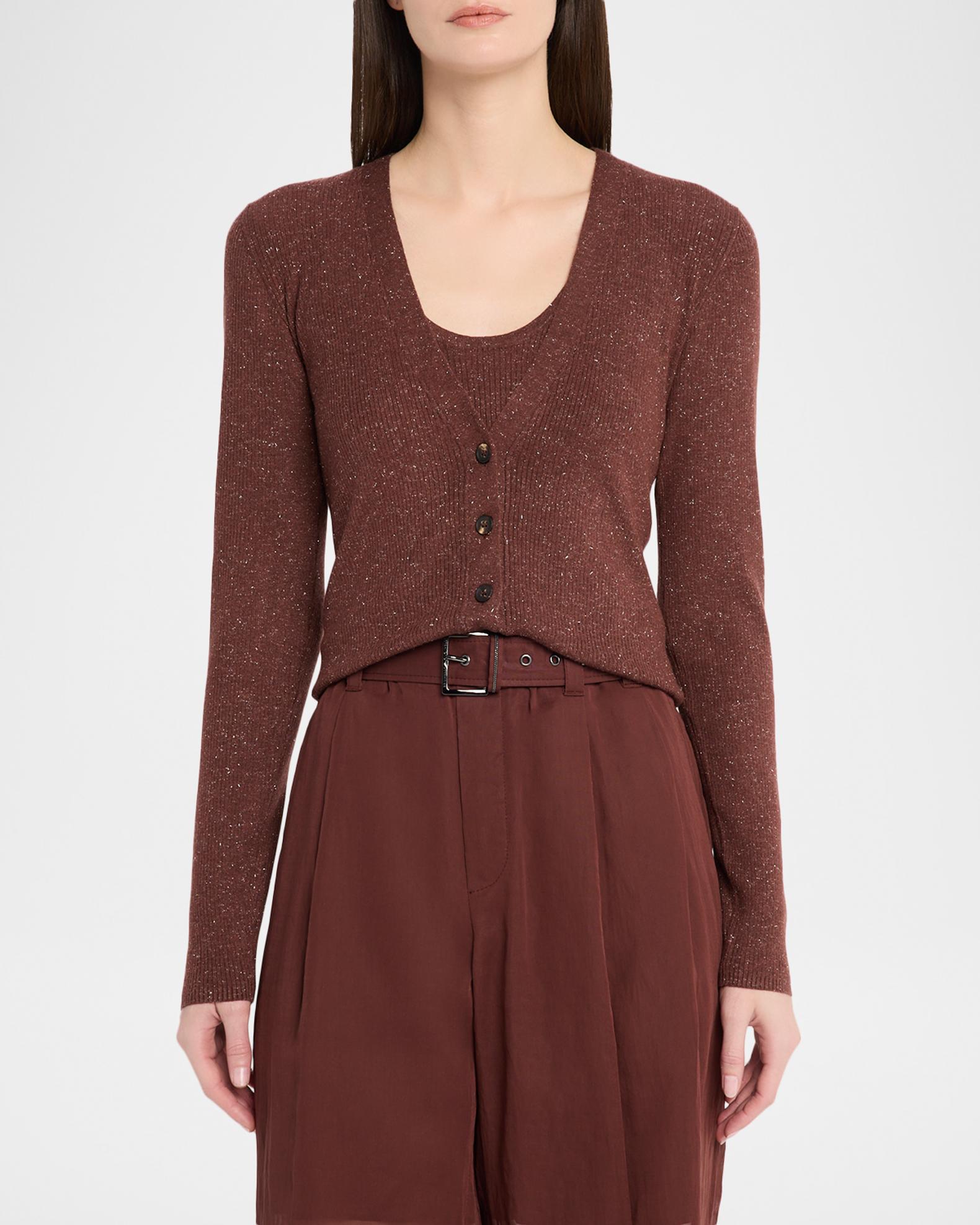 Brunello Cucinelli Shimmering Cashmere Stretch Rib V-Neck Cardigan