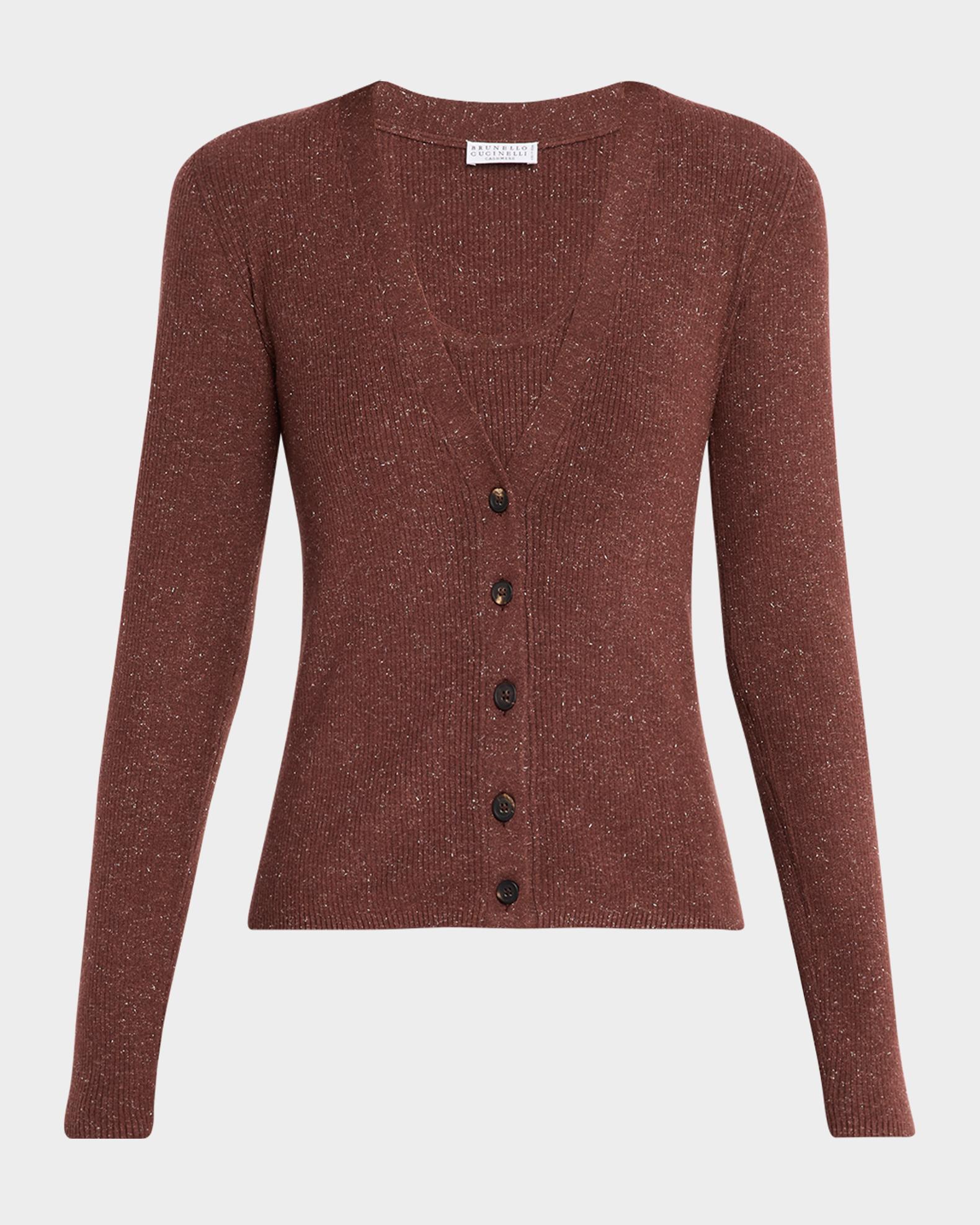 Brunello Cucinelli Shimmering Cashmere Stretch Rib V-Neck Cardigan