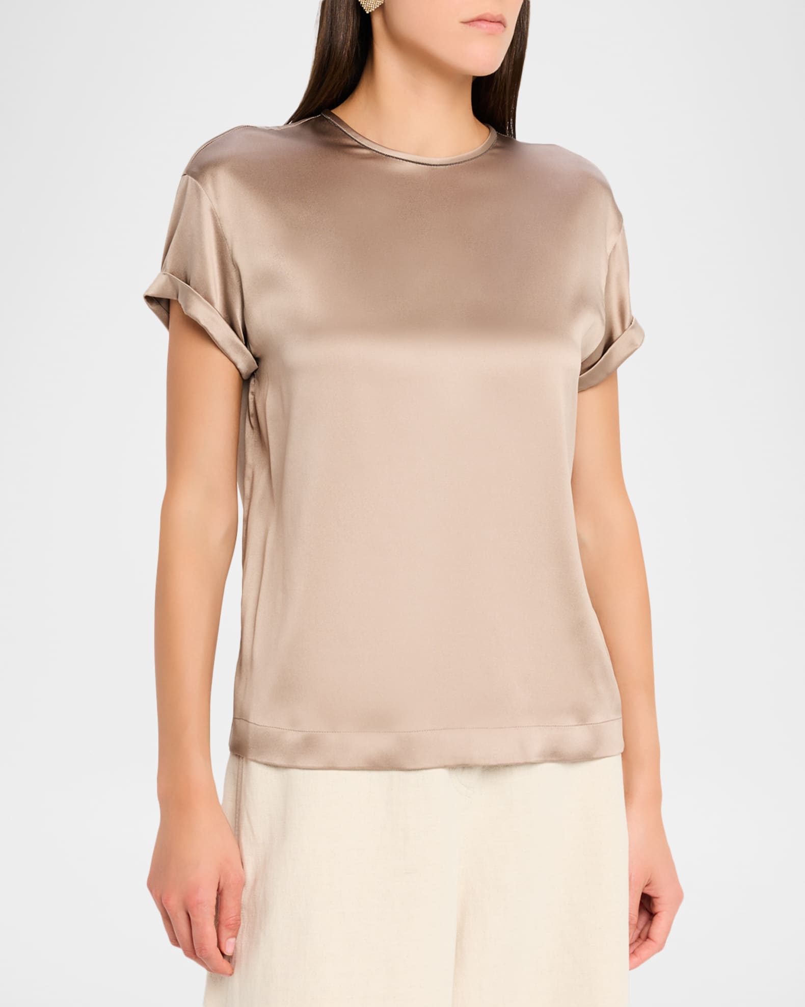 Brunello Cucinelli Monili-Trim Silk Short-Sleeve T-Shirt | Neiman