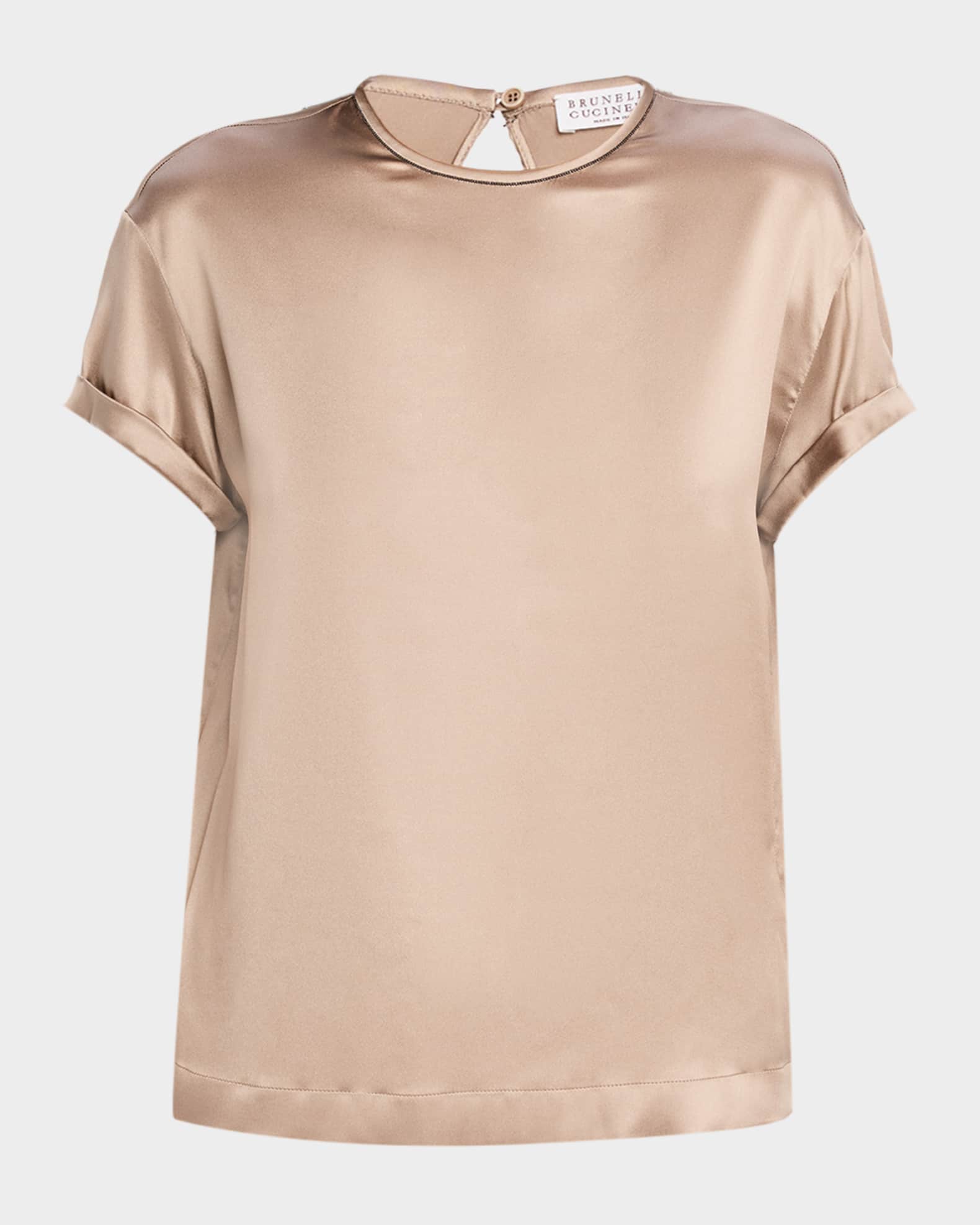 Brunello Cucinelli Monili-Trim Silk Short-Sleeve T-Shirt | Neiman