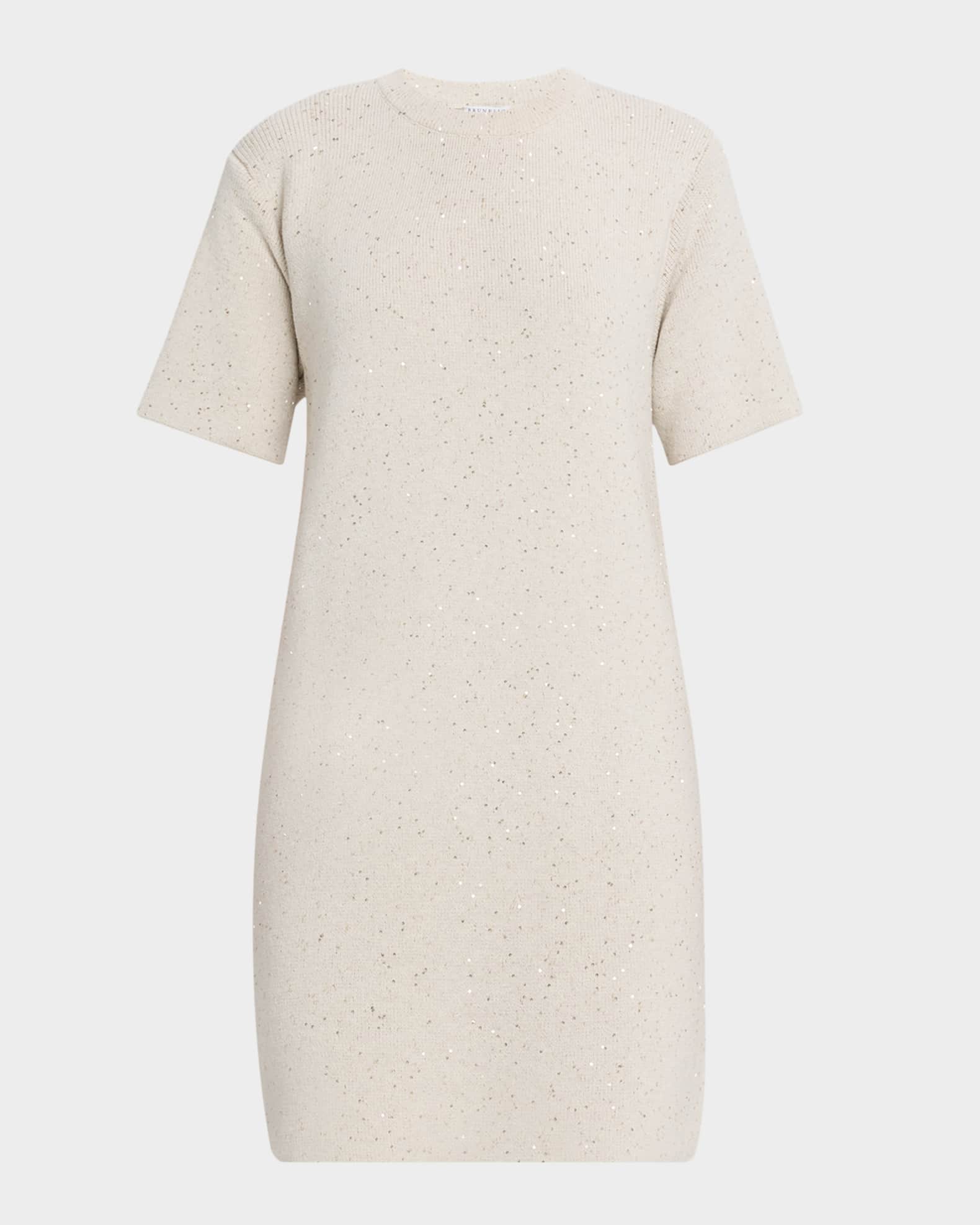 Pailette Knit Short-Sleeve Mini Shift Dress