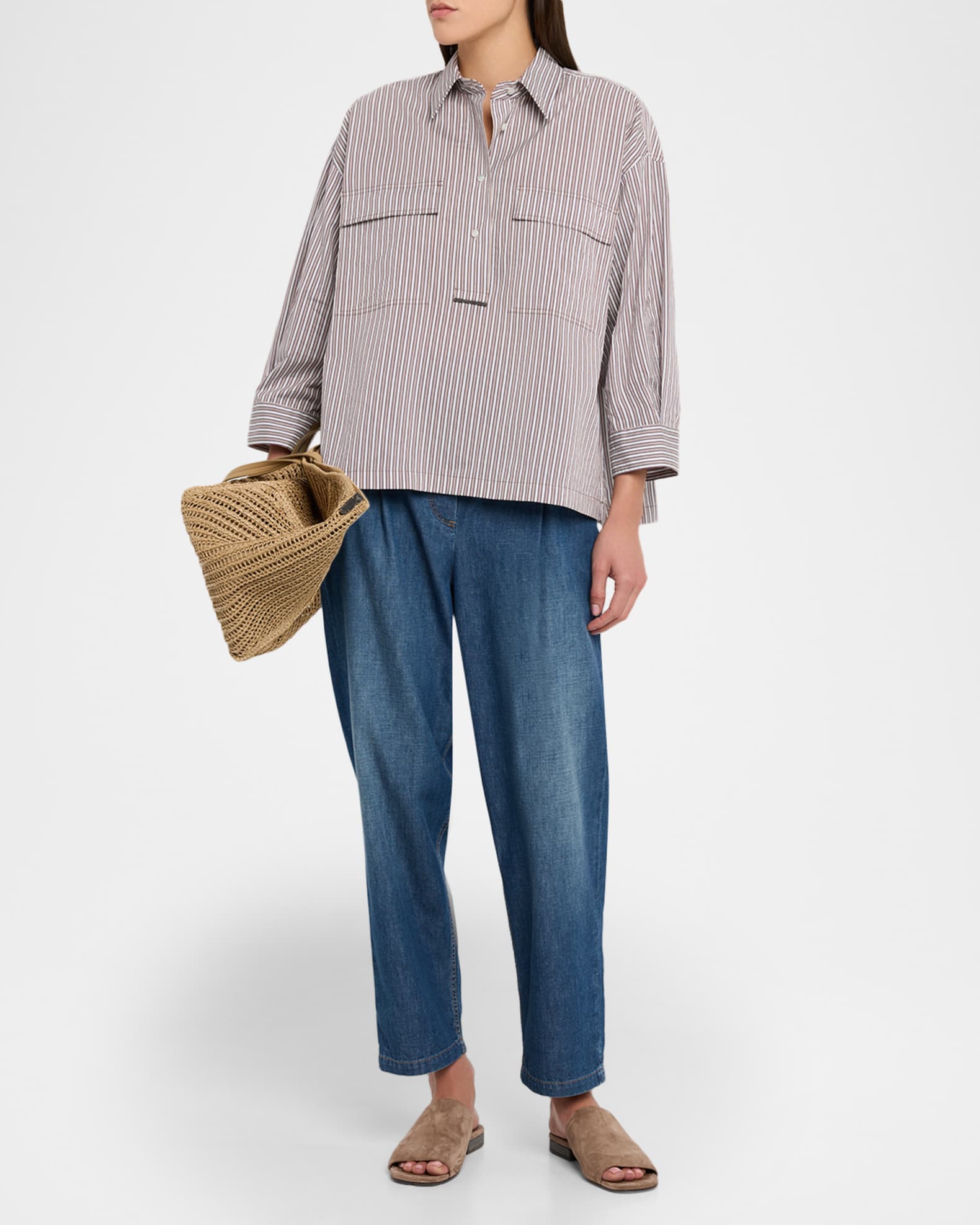 Brunello Cucinelli Striped Crispy Cotton Silk Utility Shirt