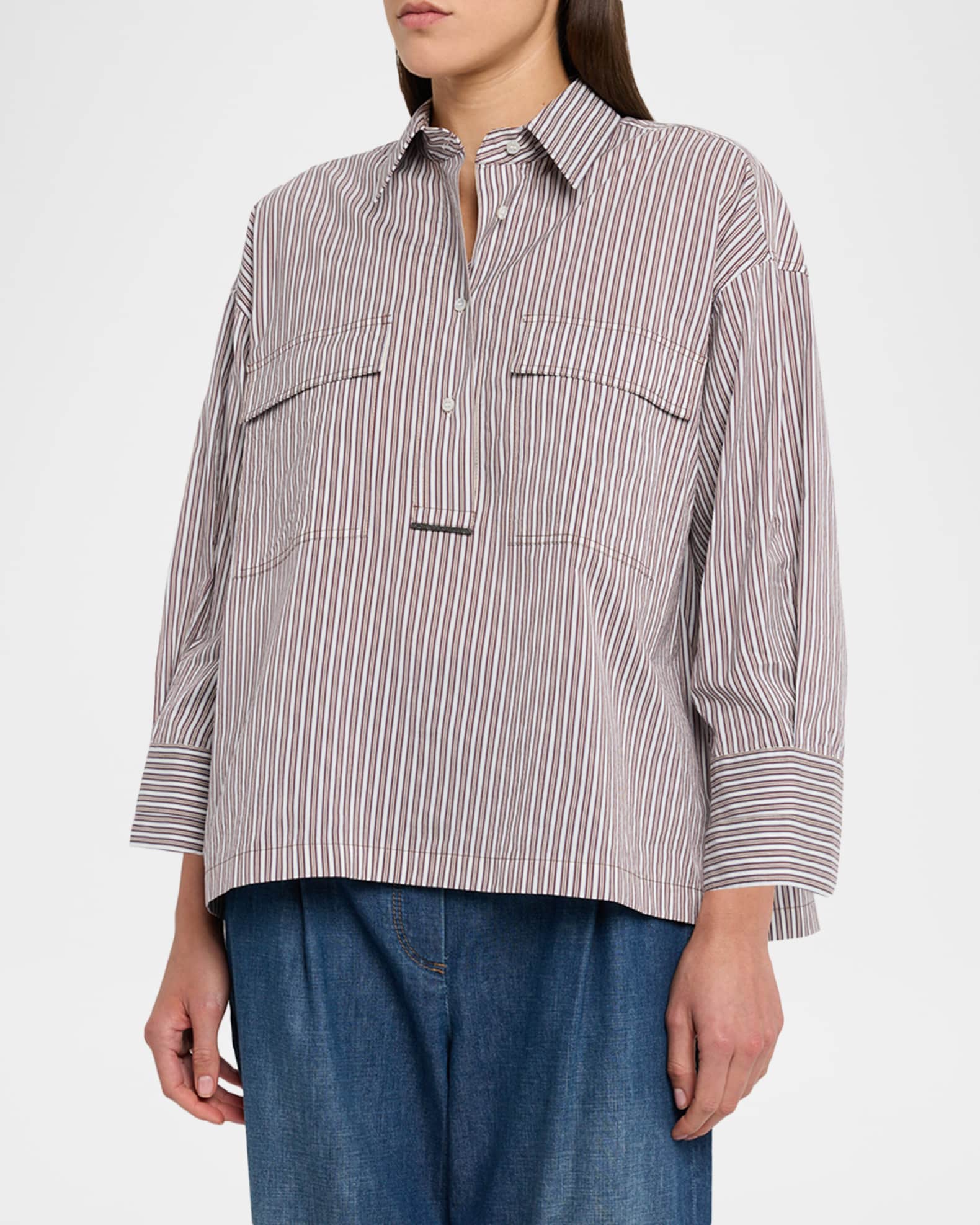 Brunello Cucinelli Striped Crispy Cotton Silk Utility Shirt