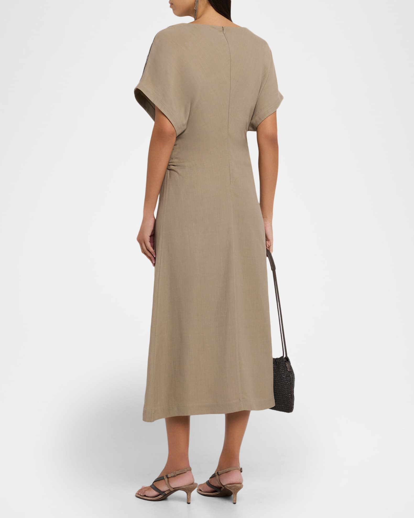 Brunello Cucinelli Monili-Trim Fluid Linen Twill Short-Sleeve Midi Dress |  Neiman Marcus