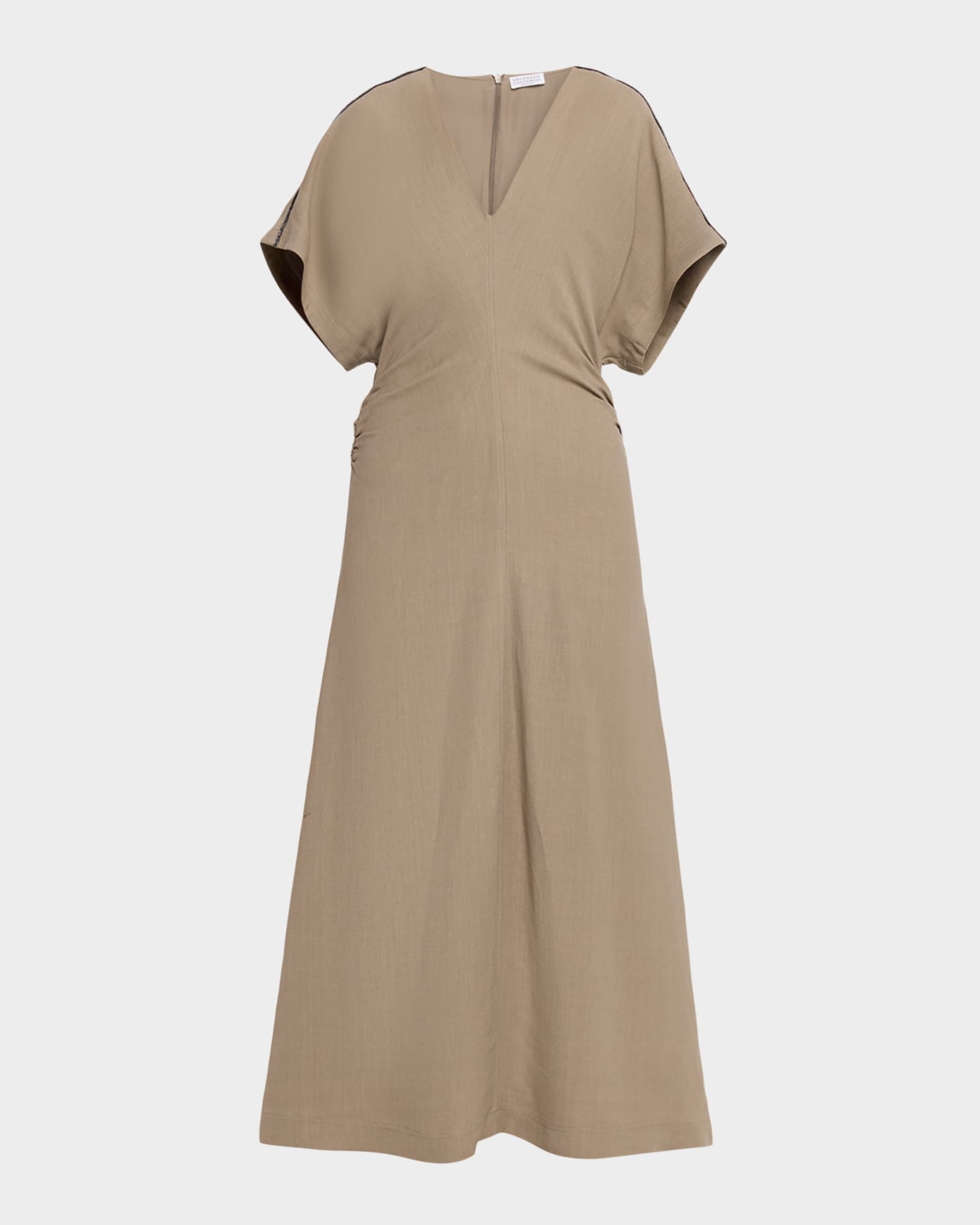 Brunello Cucinelli Monili-Trim Fluid Linen Twill Short-Sleeve Midi