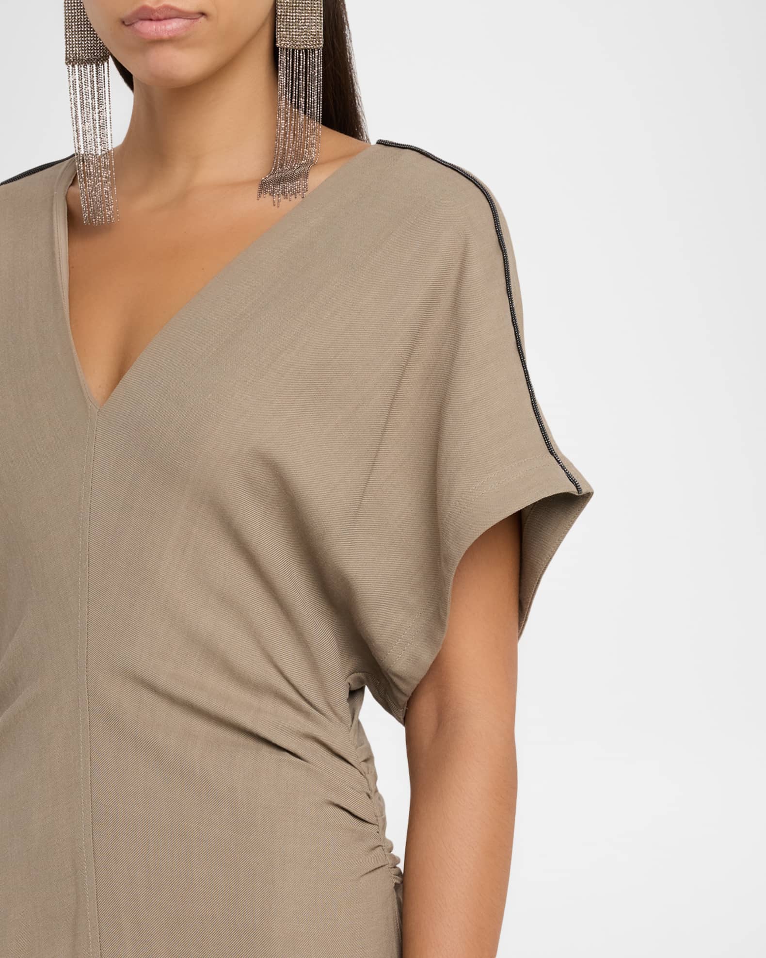 Brunello Cucinelli Monili-Trim Fluid Linen Twill Short-Sleeve Midi