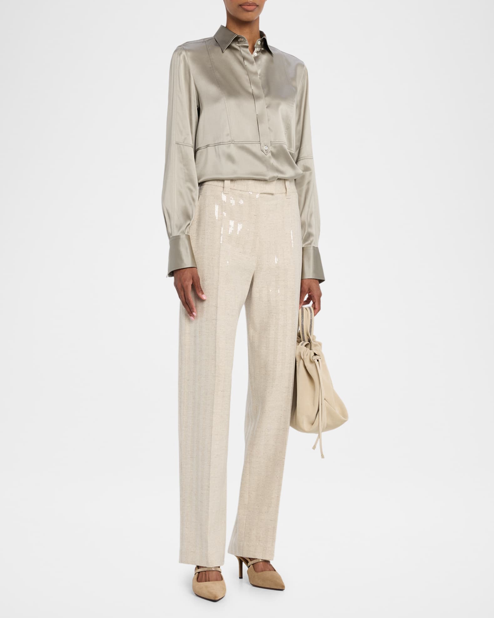 Brunello Cucinelli Stretch Satin Button-Down Shirt With Monili