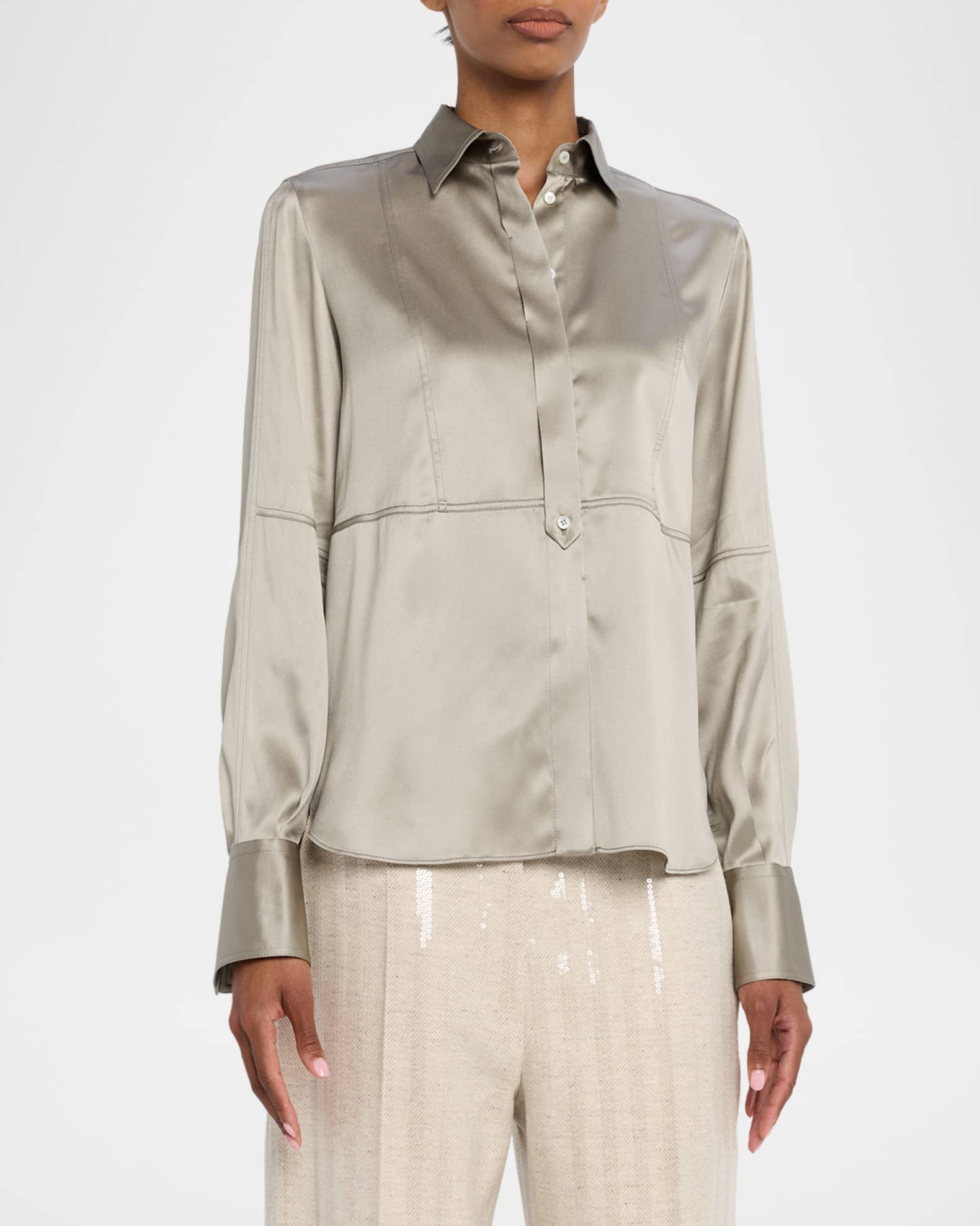 Brunello Cucinelli Stretch Satin Button-Down Shirt With Monili