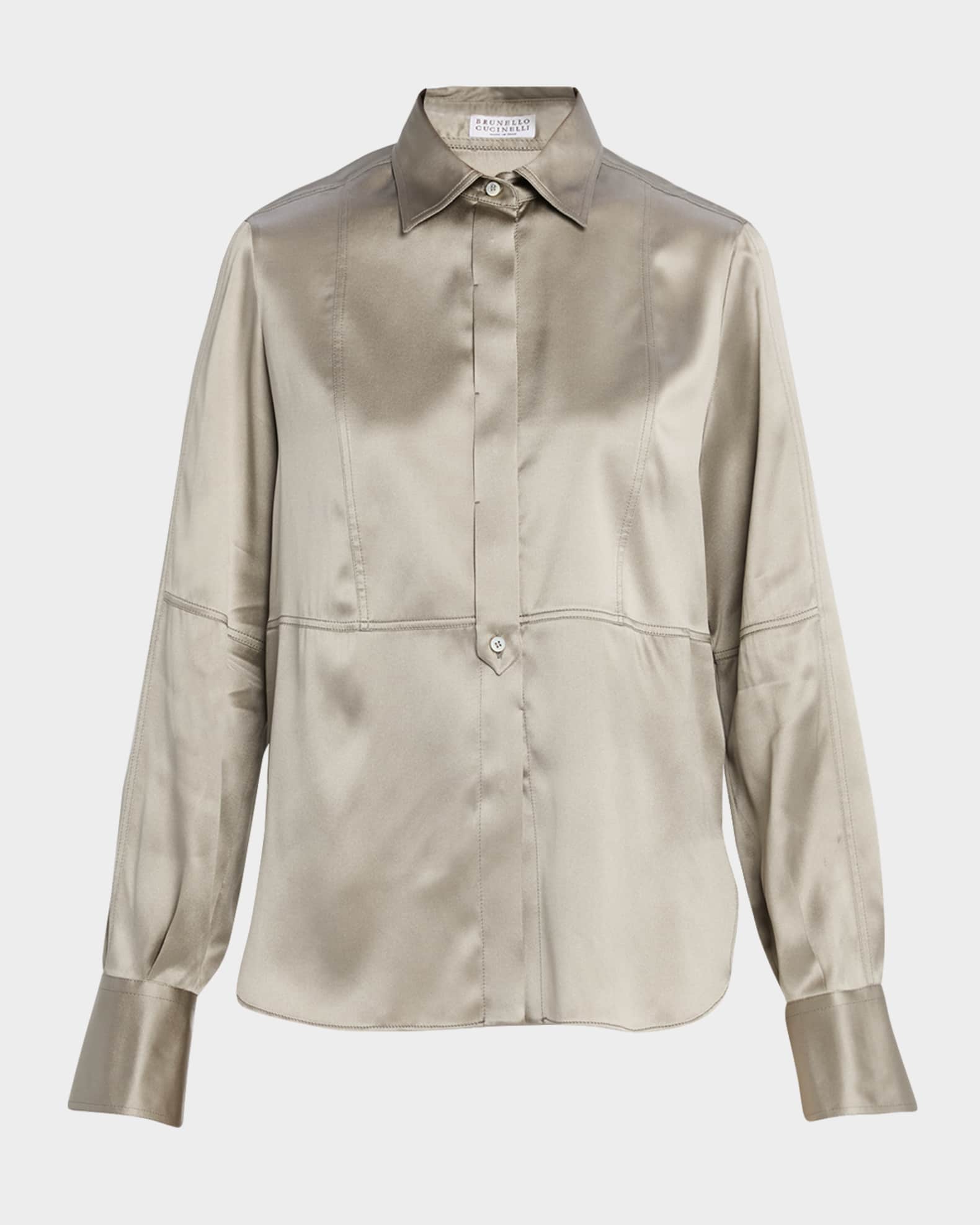 BRUNELLO CUCINELLI モニーレ装飾 トップス ブラウス 切替 S Brunello Cucinelli Stretch Satin Button-Down Shirt With Monili