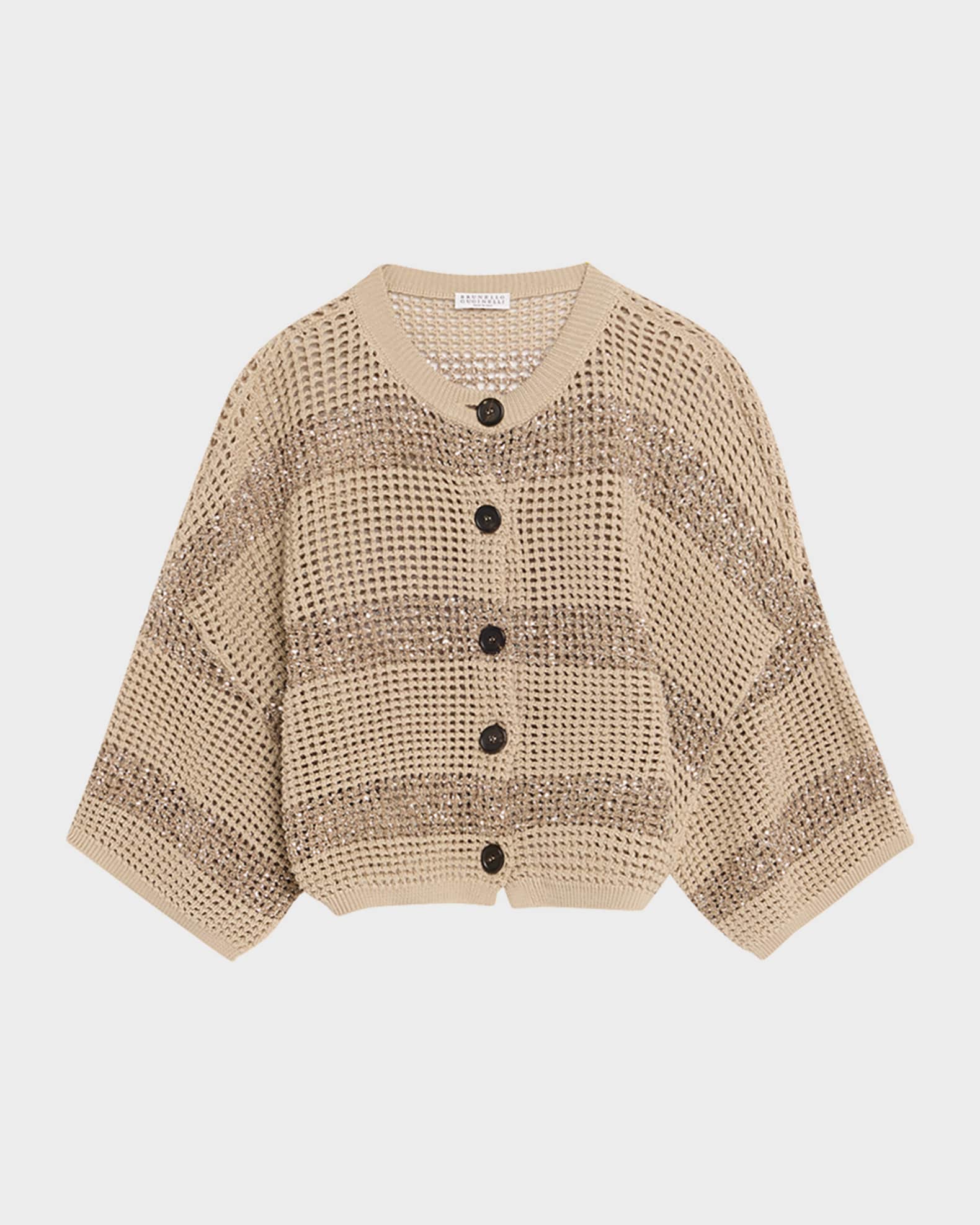 Brunello Cucinelli Paillette Striped Open-Knit Short-Sleeve