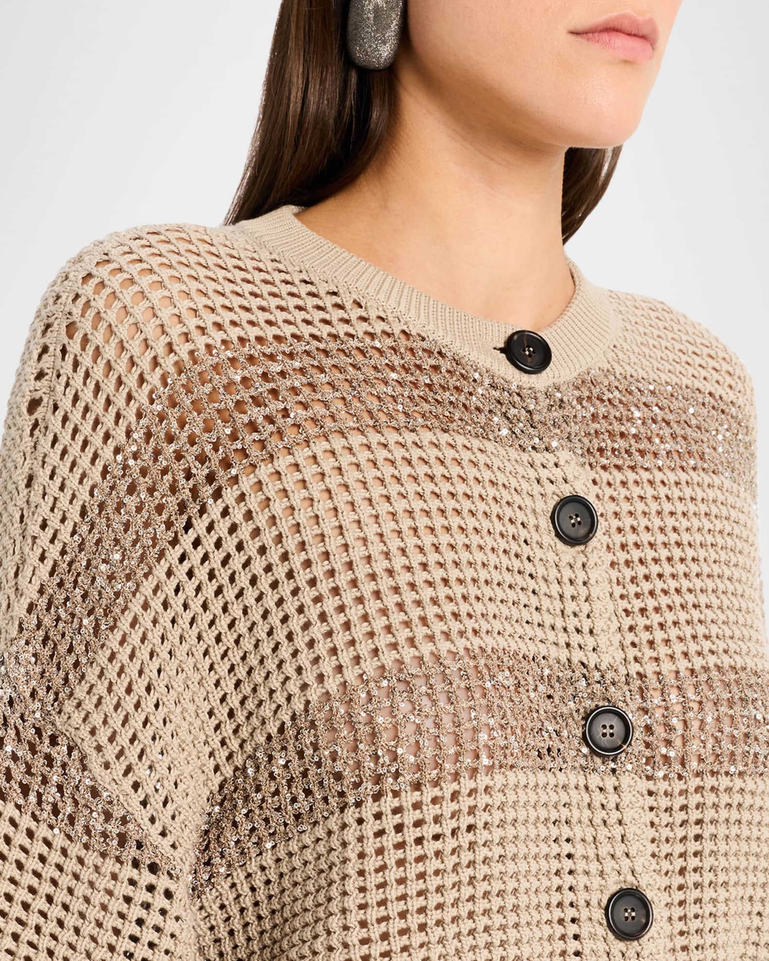 Brunello Cucinelli Paillette Striped Open-Knit Short-Sleeve