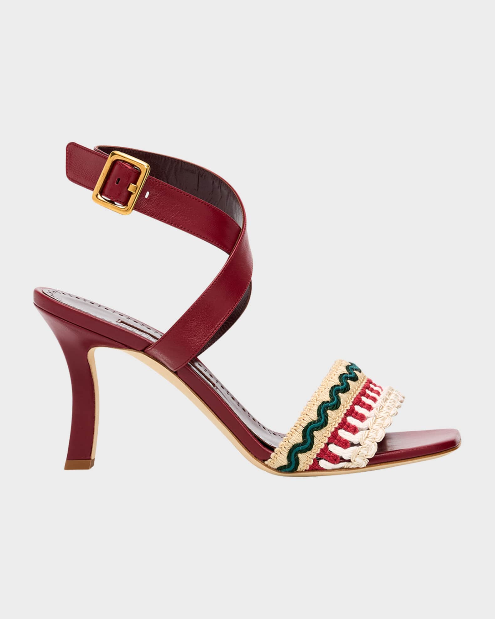 Manolo Blahnik 90mm Mabeco Embroidered Crochet Leather Sandals