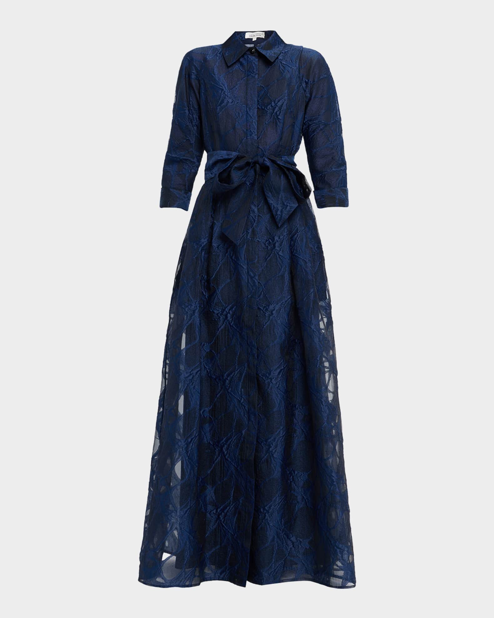 Rickie Freeman For Teri Jon Tie-Waist Jacquard Organza Shirt Gown, Navy Navy, Women's, 10, Evening Gowns